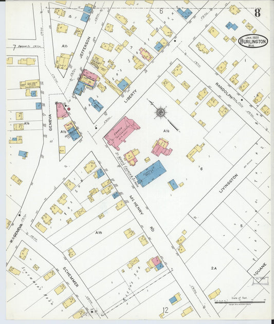 Sanborn Fire Insurance Map from Burlington, Racine County, Wisconsin (1920), Sheet #0008 - Historic Sanborn Fire Insurance Map Print, vintage old map wall art, antique decor, genealogy gift, Wisconsin Wisconsin map