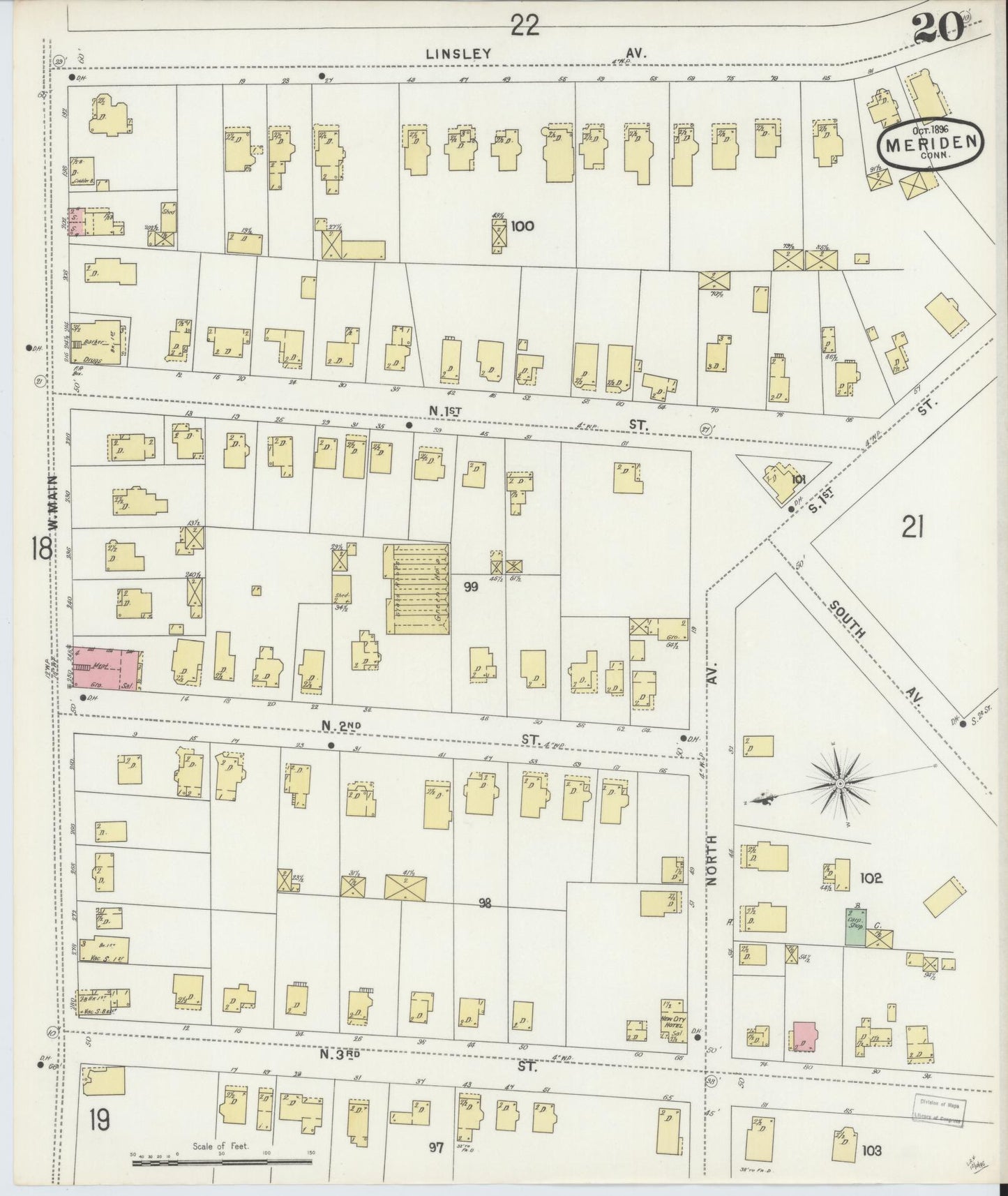 Sanborn Fire Insurance Map from Meriden, New Haven County, Connecticut (1896), Sheet #0020 - Complete Map Set gallery image, historic Sanborn map, vintage wall art, Connecticut Connecticut