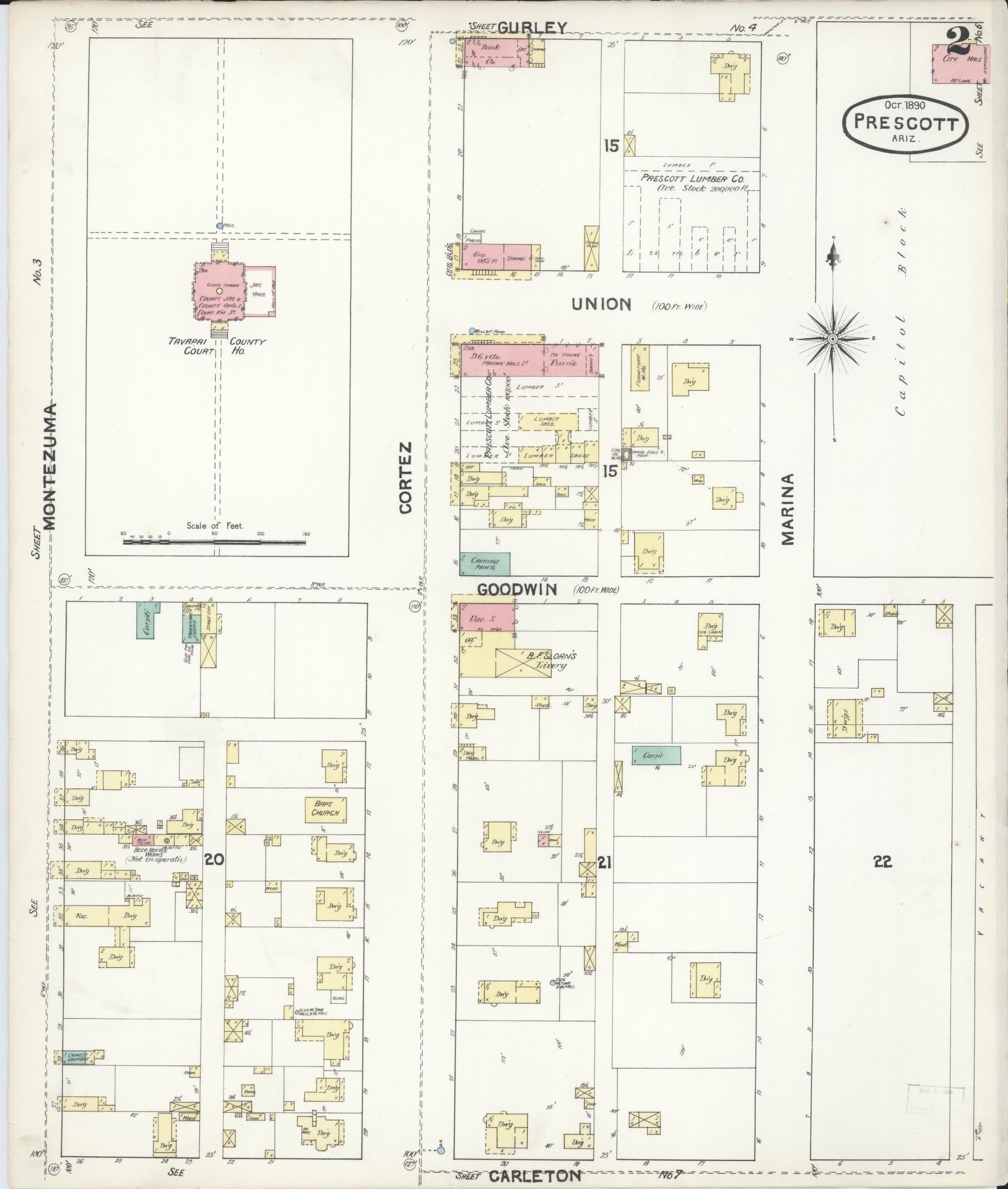 Sanborn Fire Insurance Map from Prescott, Yavapai County, Arizona (1890), Sheet #0002 - Historic Sanborn Fire Insurance Map Print, vintage old map wall art, antique decor, genealogy gift, Arizona Arizona map