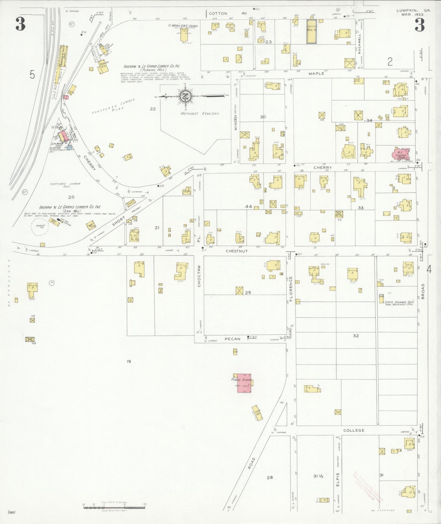 Sanborn Fire Insurance Map from Lumpkin, Stewart County, Georgia (1933), Sheet #0003 - Historic Sanborn Fire Insurance Map Print, vintage old map wall art, antique decor, genealogy gift, Georgia Georgia map