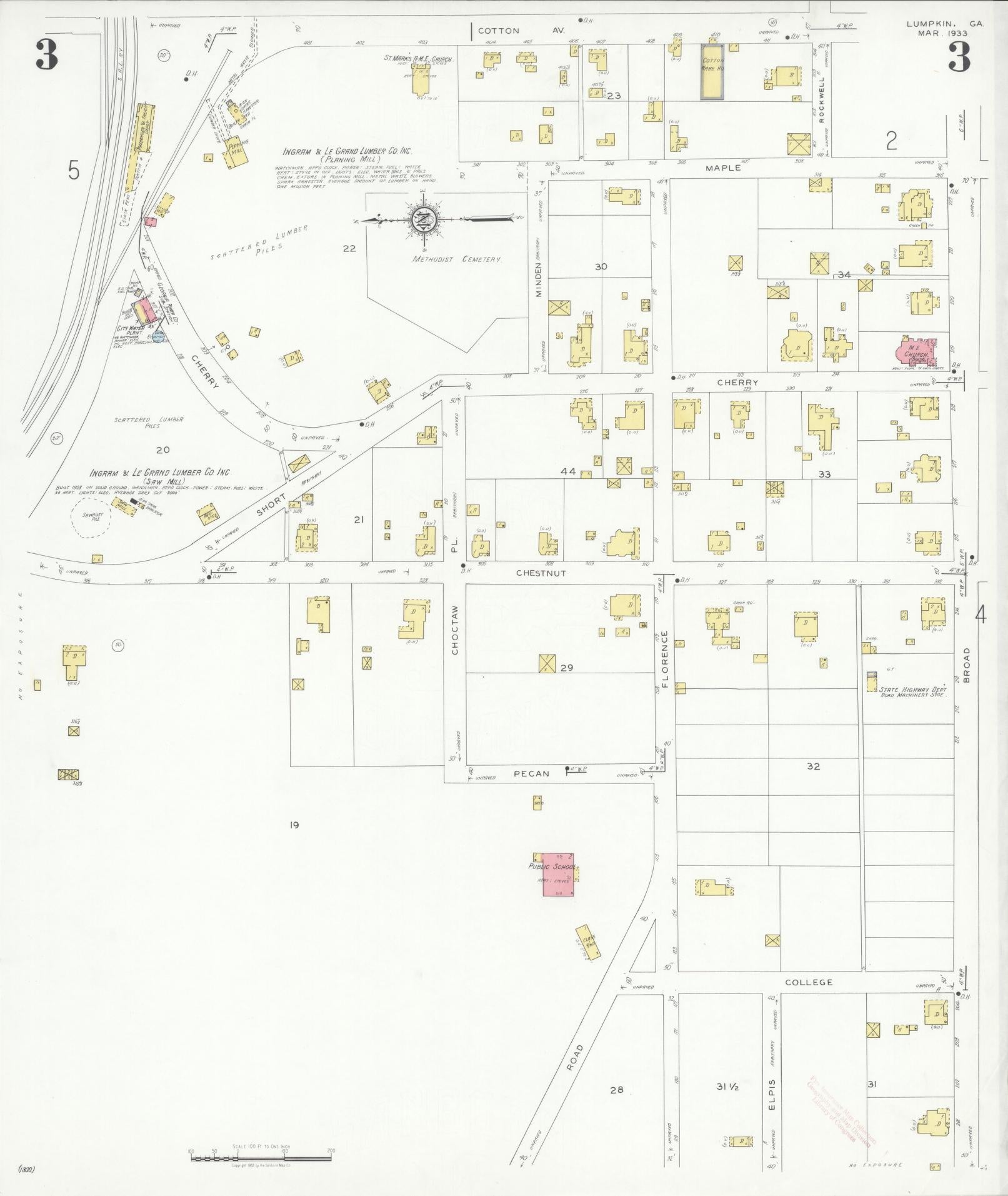 Sanborn Fire Insurance Map from Lumpkin, Stewart County, Georgia (1933), Sheet #0003 - Historic Sanborn Fire Insurance Map Print, vintage old map wall art, antique decor, genealogy gift, Georgia Georgia map