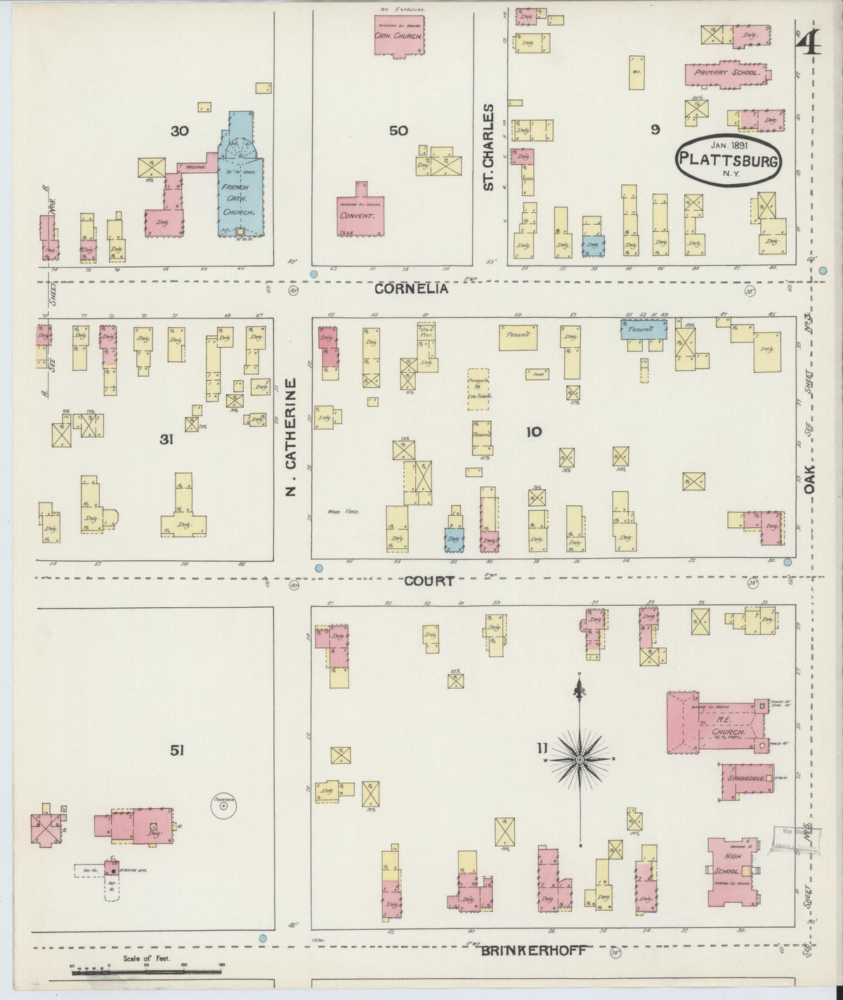 Sanborn Fire Insurance Map from Plattsburg, Clinton County, New York (1891), Sheet #0004 - Complete Map Set gallery image, historic Sanborn map, vintage wall art, New York New York
