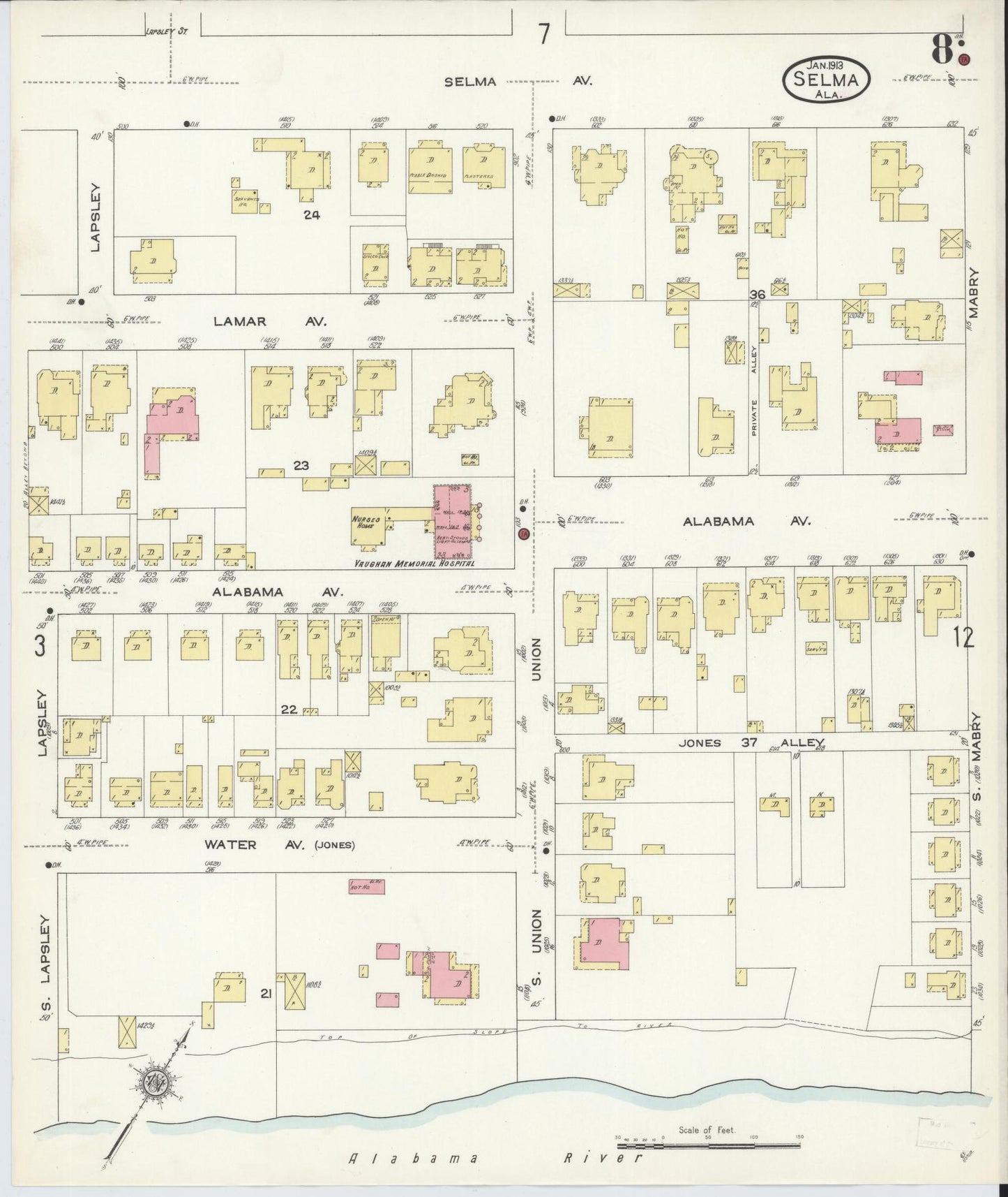 Sanborn Fire Insurance Map from Selma, Dallas County, Alabama (1913), Sheet #0008 - Complete Map Set gallery image, historic Sanborn map, vintage wall art, Alabama Alabama
