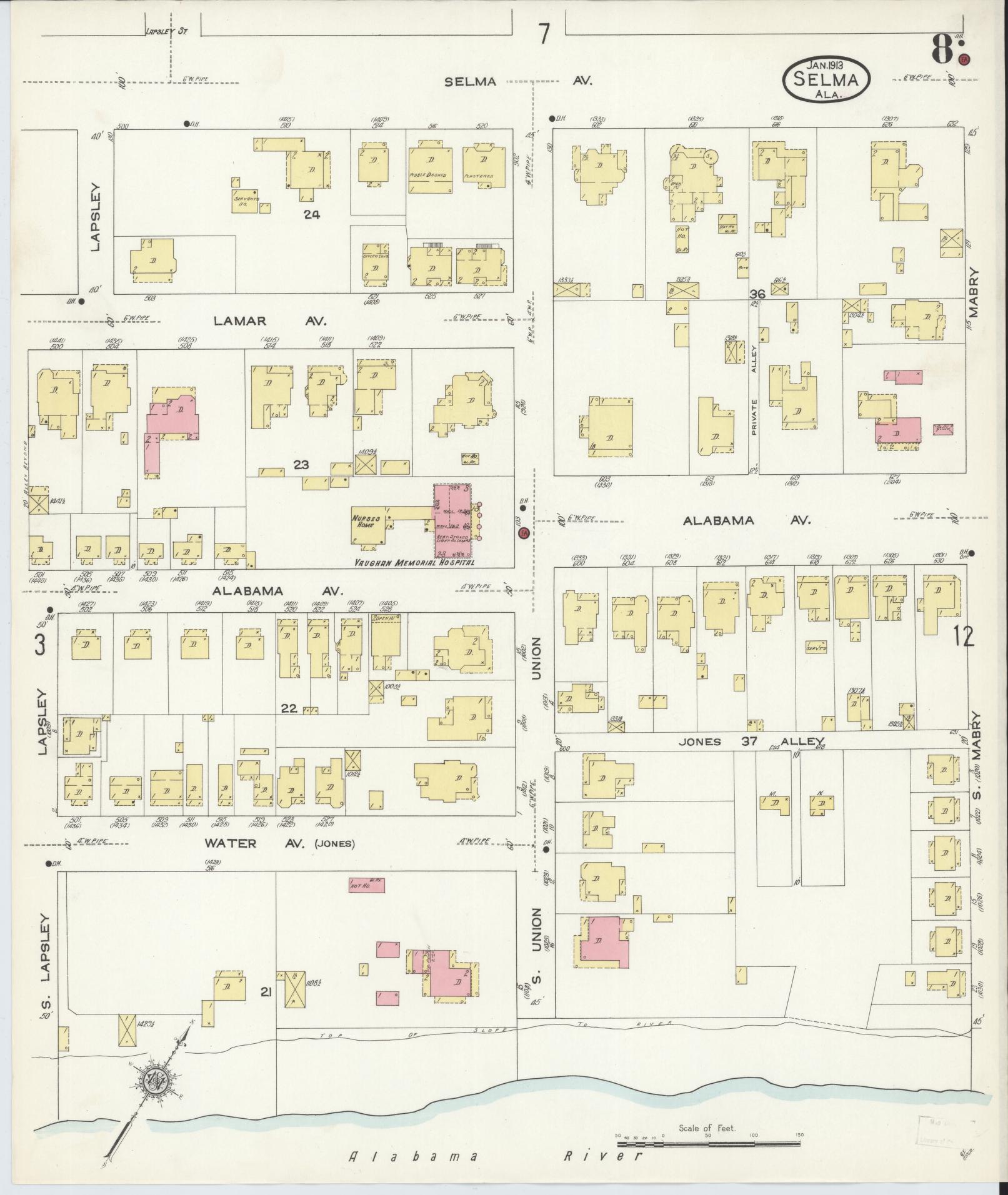 Sanborn Fire Insurance Map from Selma, Dallas County, Alabama (1913), Sheet #0008 - Complete Map Set gallery image, historic Sanborn map, vintage wall art, Alabama Alabama