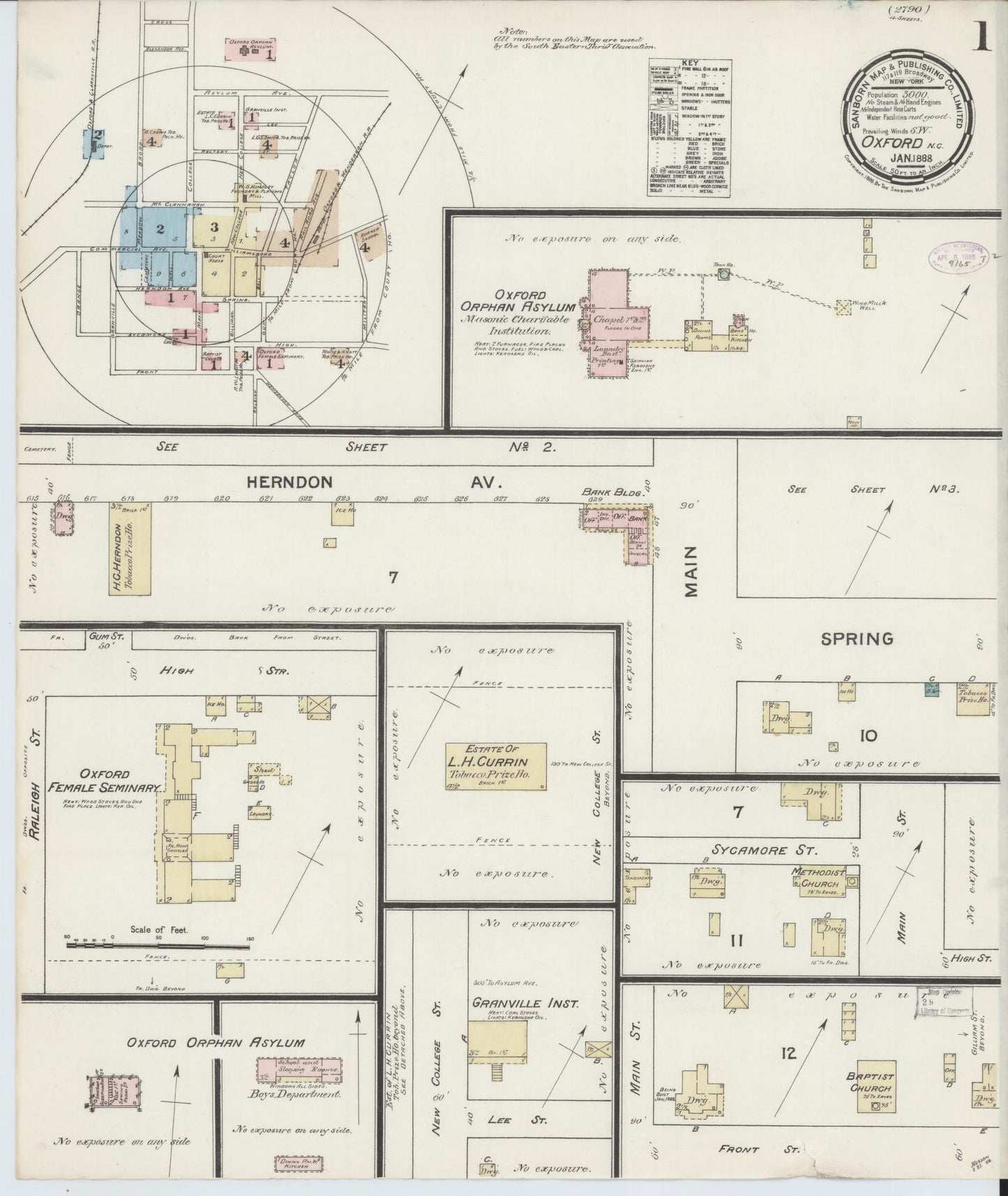Sanborn Fire Insurance Map from Oxford, Granville County, North Carolina (1888), Sheet #0001 - Historic Sanborn Fire Insurance Map Print, vintage old map wall art, antique decor, genealogy gift, North Carolina North Carolina map