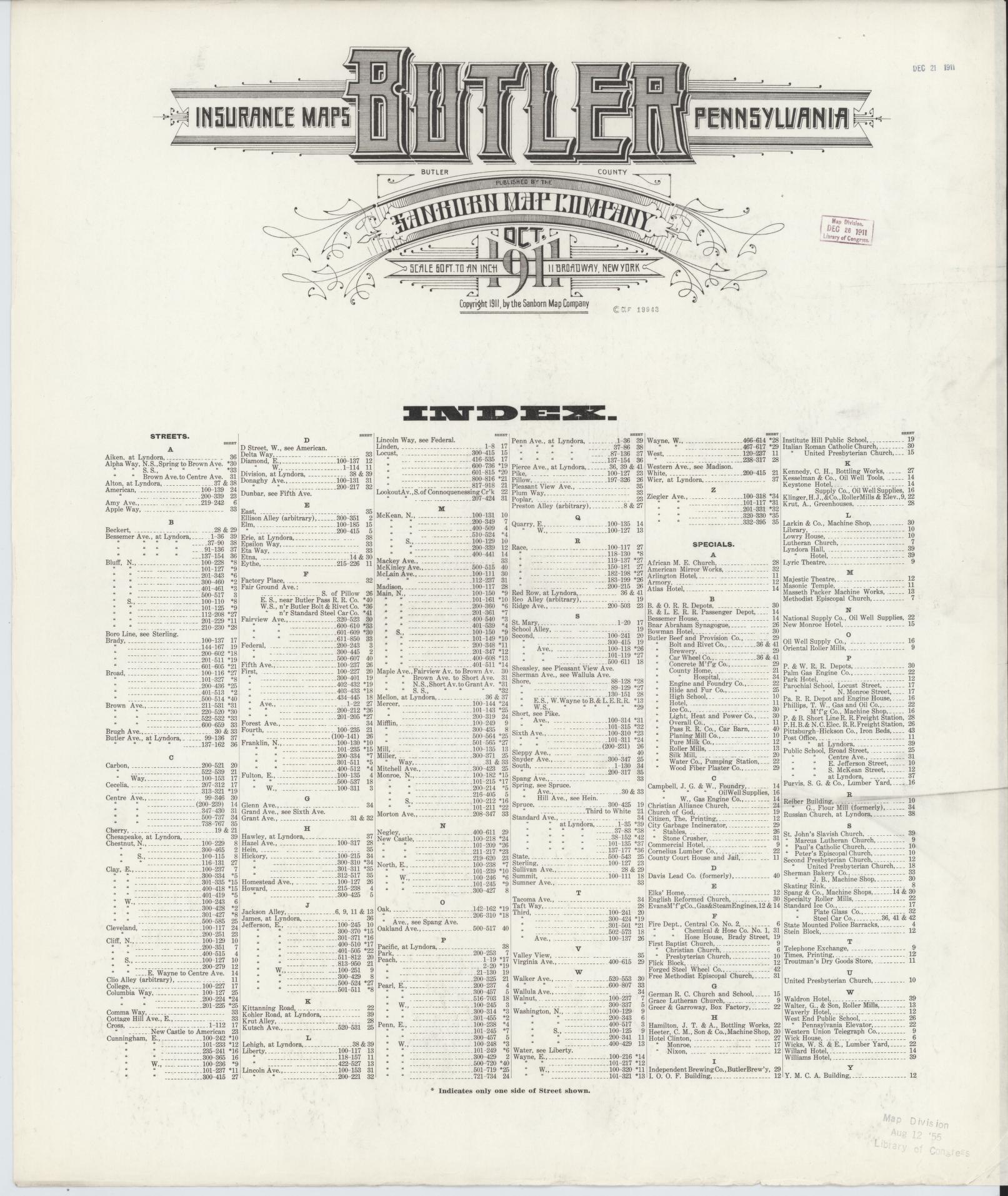 Sanborn Fire Insurance Map from Butler, Butler County, Pennsylvania (1911), Sheet #0001 - Historic Sanborn Fire Insurance Map Print, vintage old map wall art, antique decor, genealogy gift, Pennsylvania Pennsylvania map
