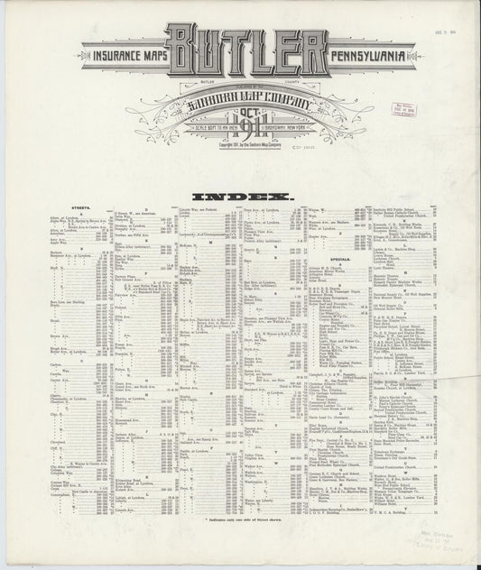 Sanborn Fire Insurance Map from Butler, Butler County, Pennsylvania (1911), Sheet #0001 - Historic Sanborn Fire Insurance Map Print, vintage old map wall art, antique decor, genealogy gift, Pennsylvania Pennsylvania map