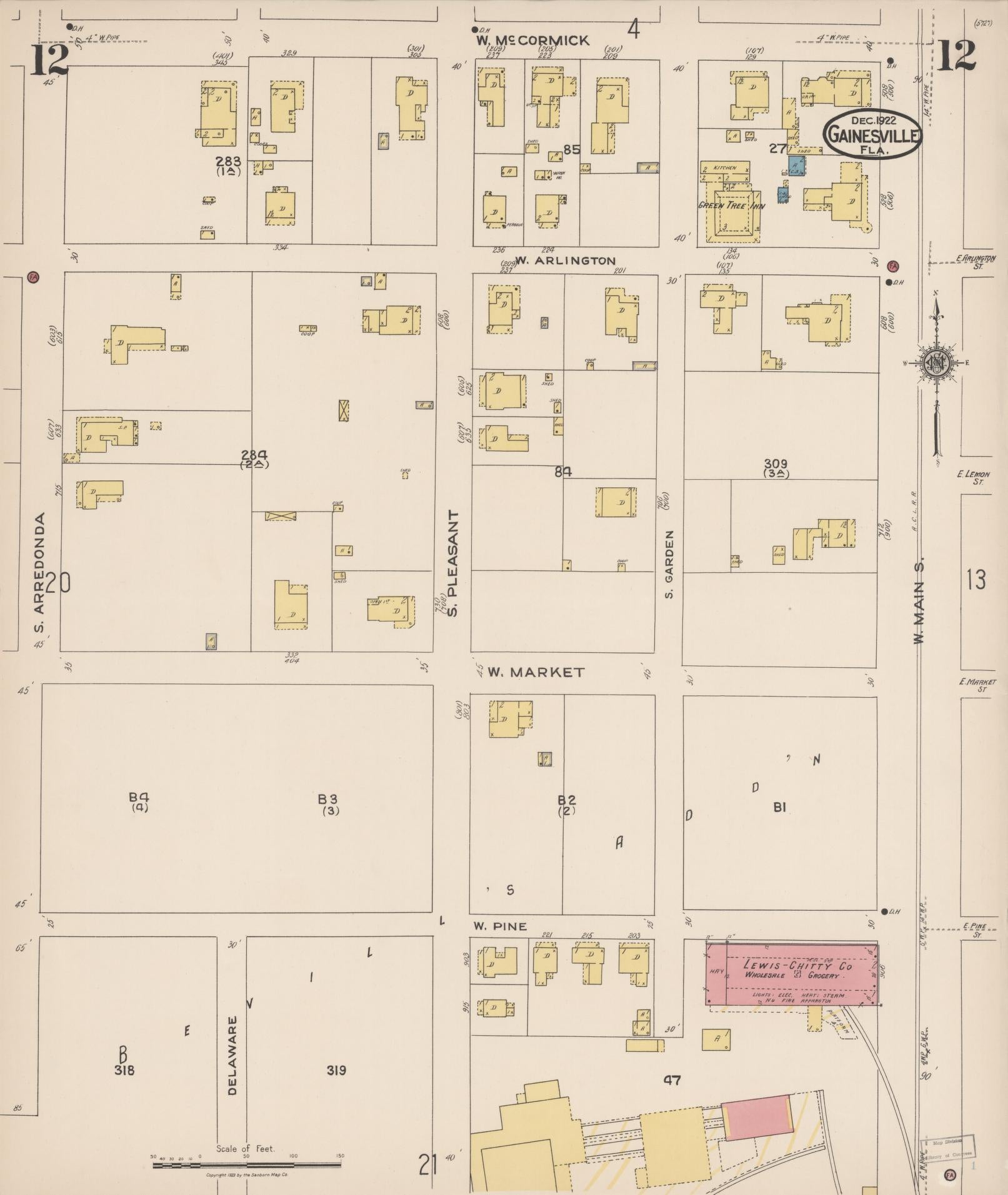Sanborn Fire Insurance Map from Gainesville, Alachua County, Florida (1922), Sheet #0012 - Complete Map Set gallery image, historic Sanborn map, vintage wall art, Florida Florida