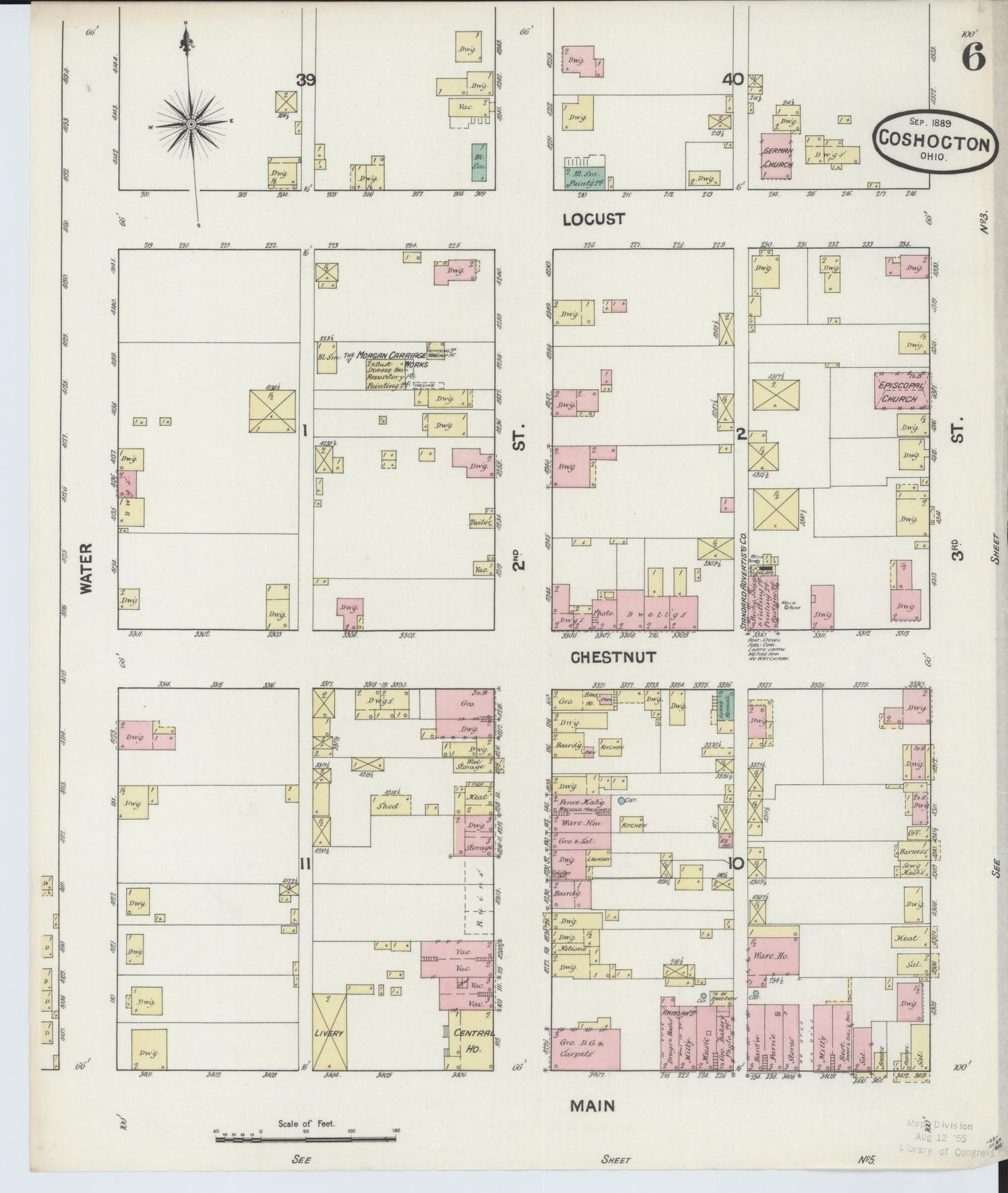 Sanborn Fire Insurance Map from Coshocton, Coshocton County, Ohio (1889), Sheet #0006 - Historic Sanborn Fire Insurance Map Print, vintage old map wall art, antique decor, genealogy gift, Ohio Ohio map