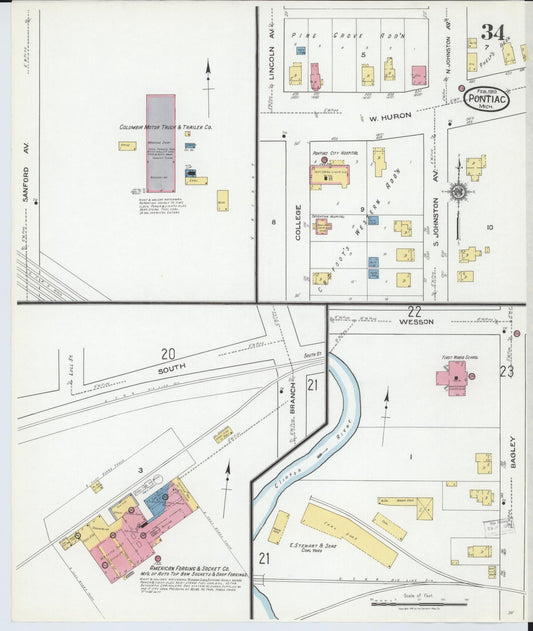 Sanborn Fire Insurance Map from Pontiac, Oakland County, Michigan (1919), Sheet #0034 - Historic Sanborn Fire Insurance Map Print, vintage old map wall art, antique decor, genealogy gift, Michigan Michigan map