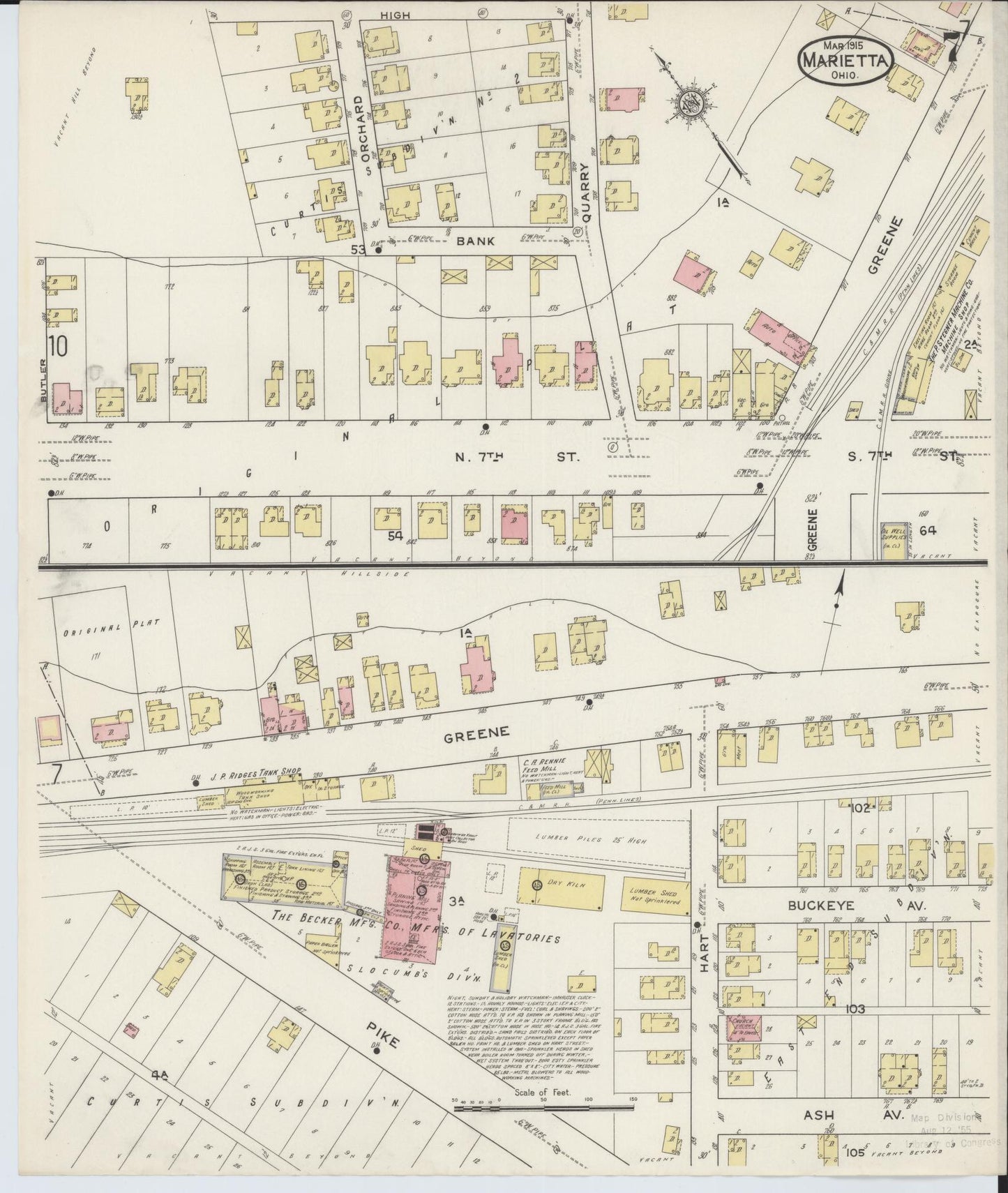 Sanborn Fire Insurance Map from Marietta, Washington County, Ohio (1915), Sheet #0007 - Historic Sanborn Fire Insurance Map Print, vintage old map wall art, antique decor, genealogy gift, Ohio Ohio map