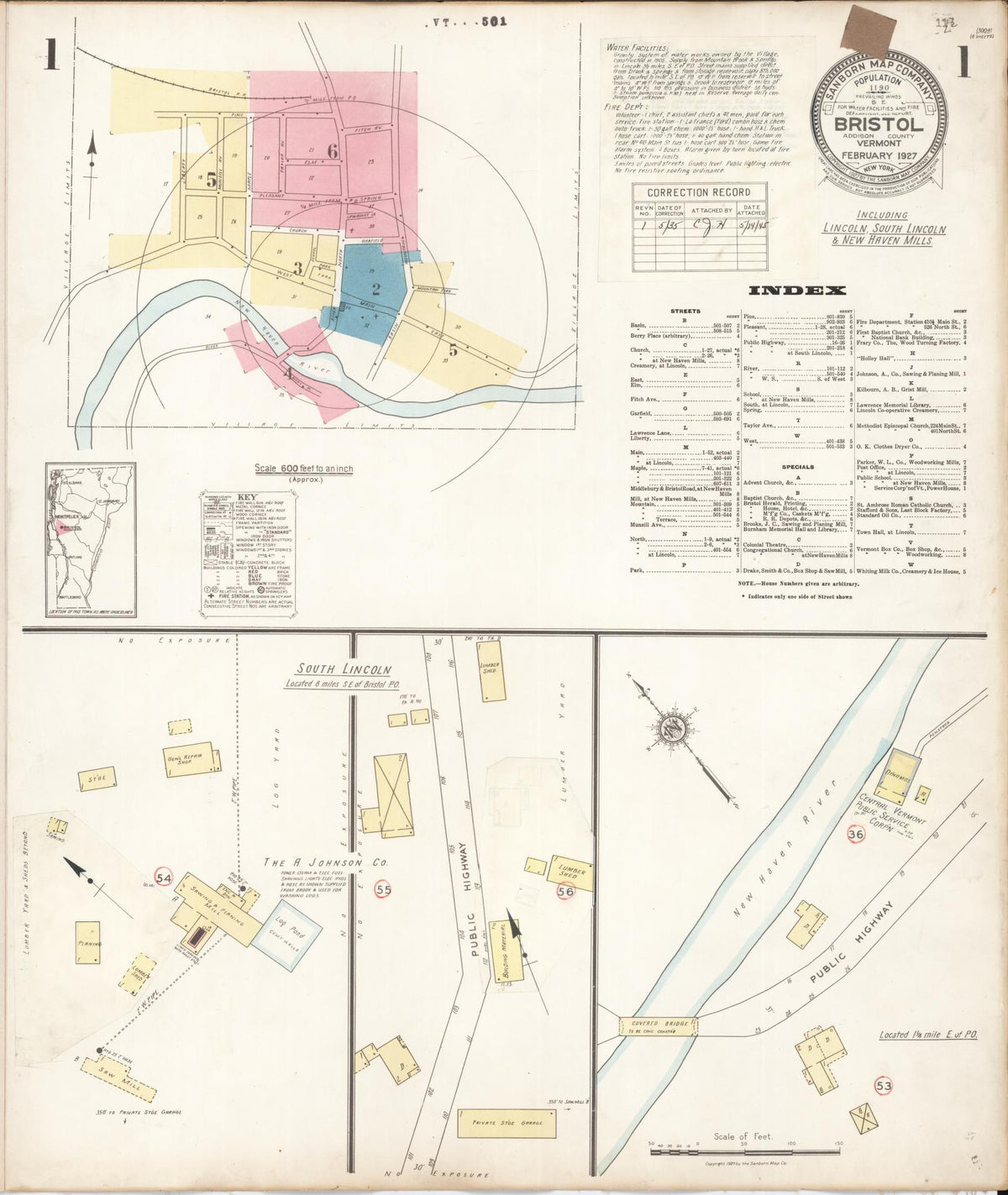 Sanborn Fire Insurance Map from Bristol, Addison County, Vermont (1935), Sheet #0001 - Historic Sanborn Fire Insurance Map Print, vintage old map wall art, antique decor, genealogy gift, Vermont Vermont map