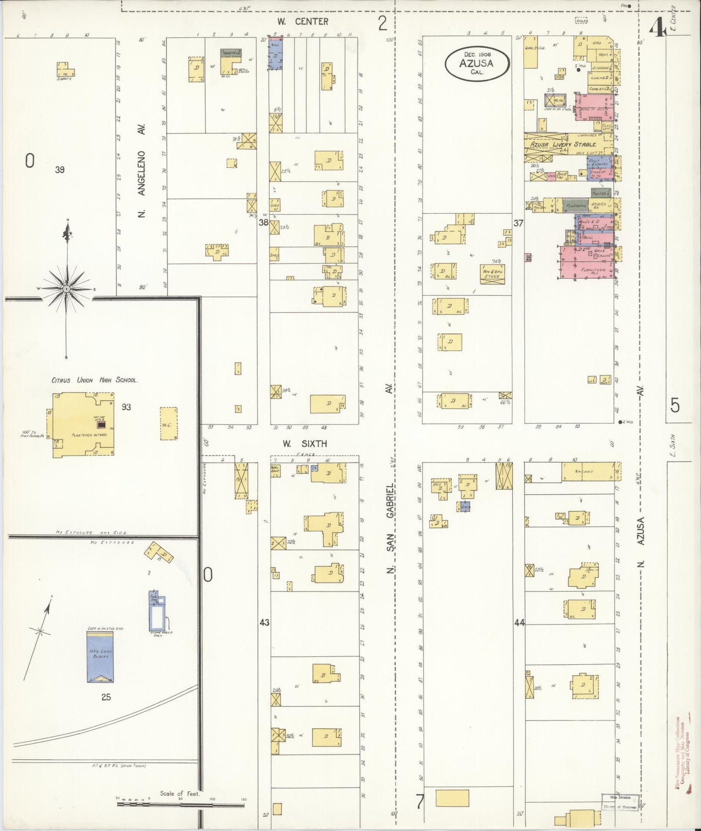 Sanborn Fire Insurance Map from Azusa, Los Angeles County, California (1906), Sheet #0004 - Historic Sanborn Fire Insurance Map Print, vintage old map wall art, antique decor, genealogy gift, California California map