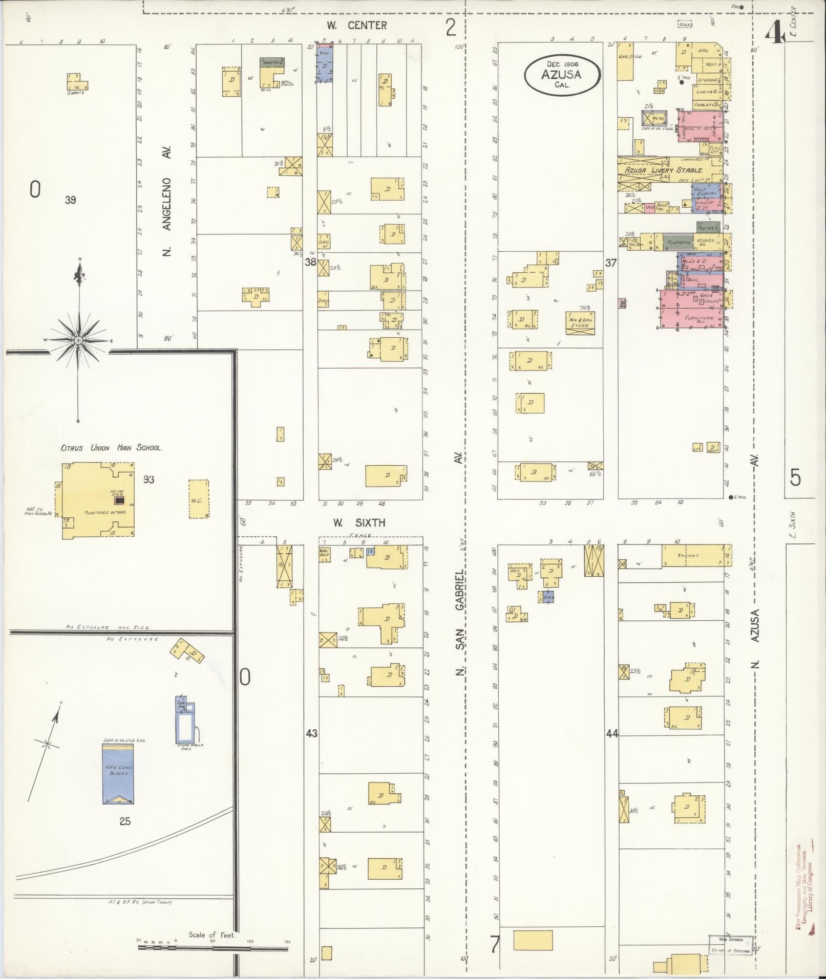 Sanborn Fire Insurance Map from Azusa, Los Angeles County, California (1906), Sheet #0004 - Historic Sanborn Fire Insurance Map Print, vintage old map wall art, antique decor, genealogy gift, California California map