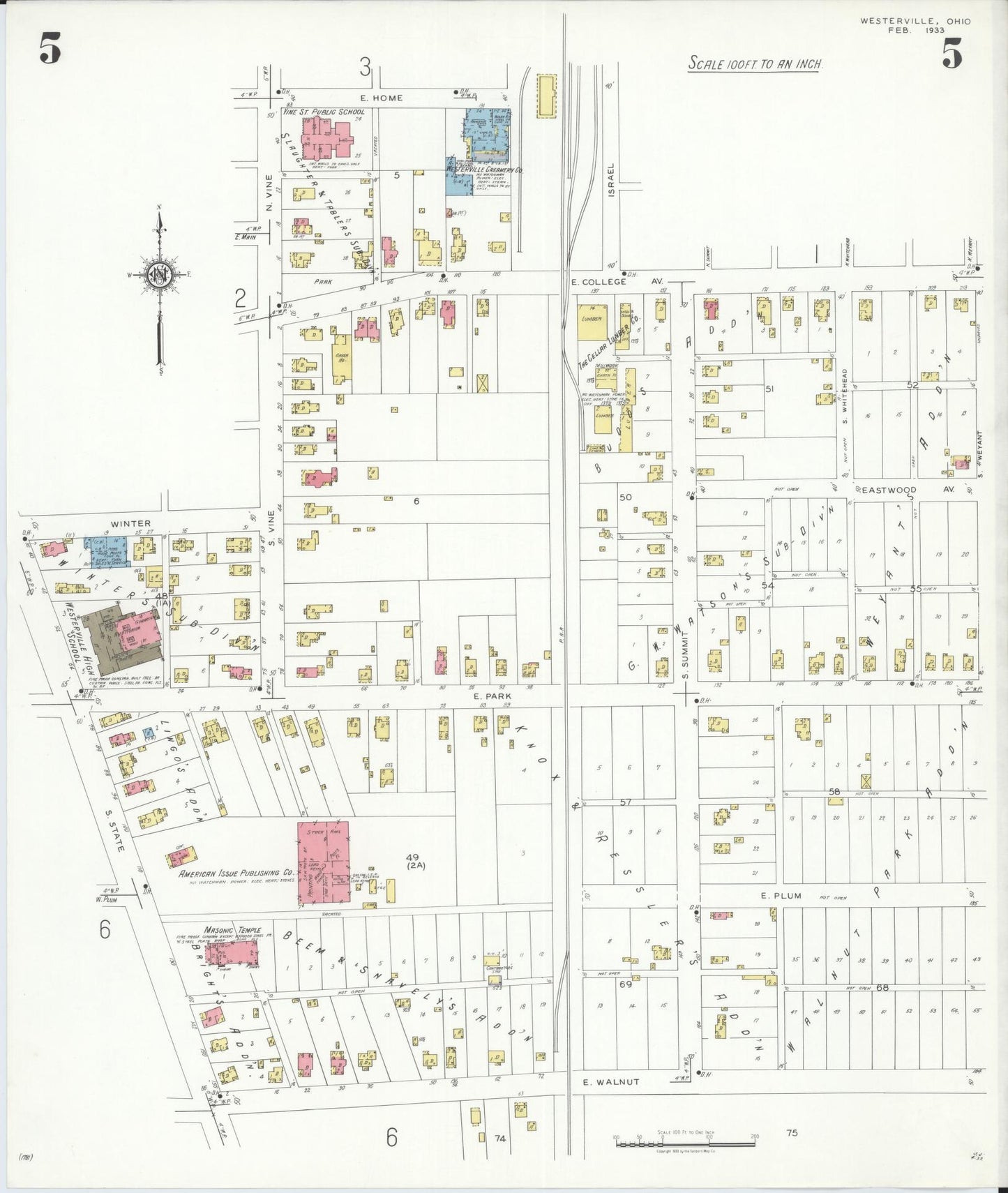 Sanborn Fire Insurance Map from Westerville, Franklin County, Ohio (1933), Sheet #0005 - Historic Sanborn Fire Insurance Map Print, vintage old map wall art, antique decor, genealogy gift, Ohio Ohio map