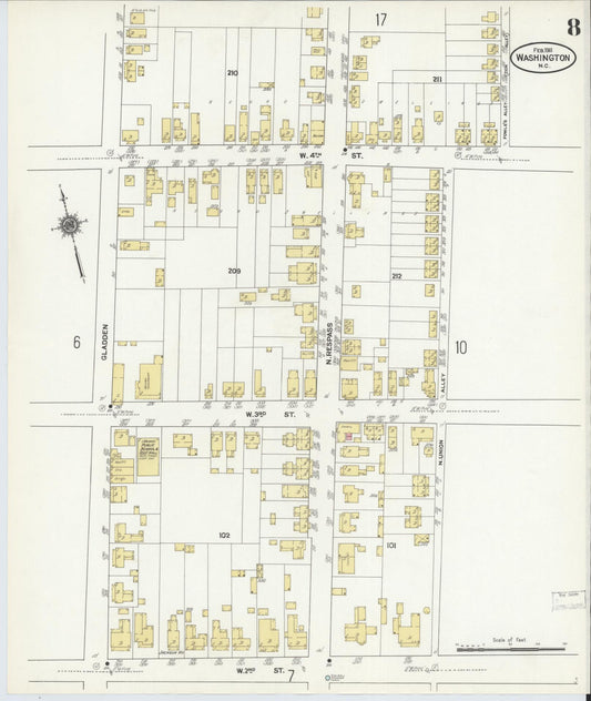 Sanborn Fire Insurance Map from Washington, Beaufort County, North Carolina (1911), Sheet #0008 - Historic Sanborn Fire Insurance Map Print, vintage old map wall art, antique decor, genealogy gift, North Carolina North Carolina map