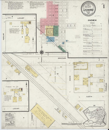 Sanborn Fire Insurance Map from Leonard, Fannin County, Texas (1919), Sheet #0001 - Complete Map Set gallery image, historic Sanborn map, vintage wall art, Texas Texas