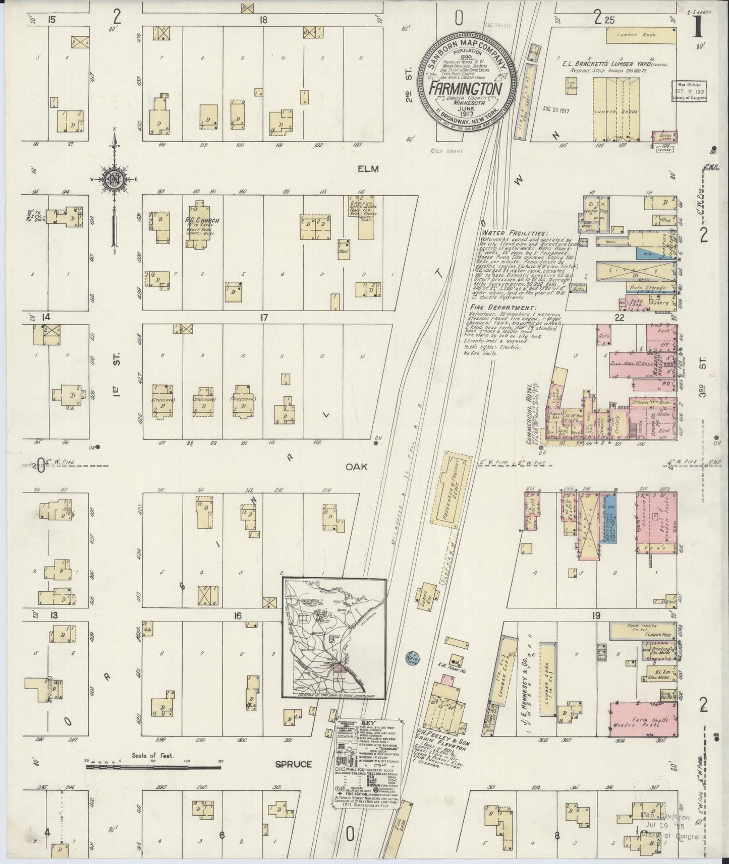 Sanborn Fire Insurance Map from Farmington, Dakota County, Minnesota (1917), Sheet #0001 - Complete Map Set gallery image, historic Sanborn map, vintage wall art, Minnesota Minnesota