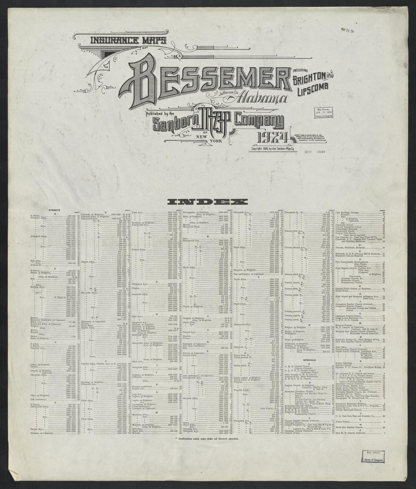 Sanborn Fire Insurance Map from Bessemer, Jefferson County, Alabama (1924), Sheet #0001 - Complete Map Set gallery image, historic Sanborn map, vintage wall art, Alabama Alabama