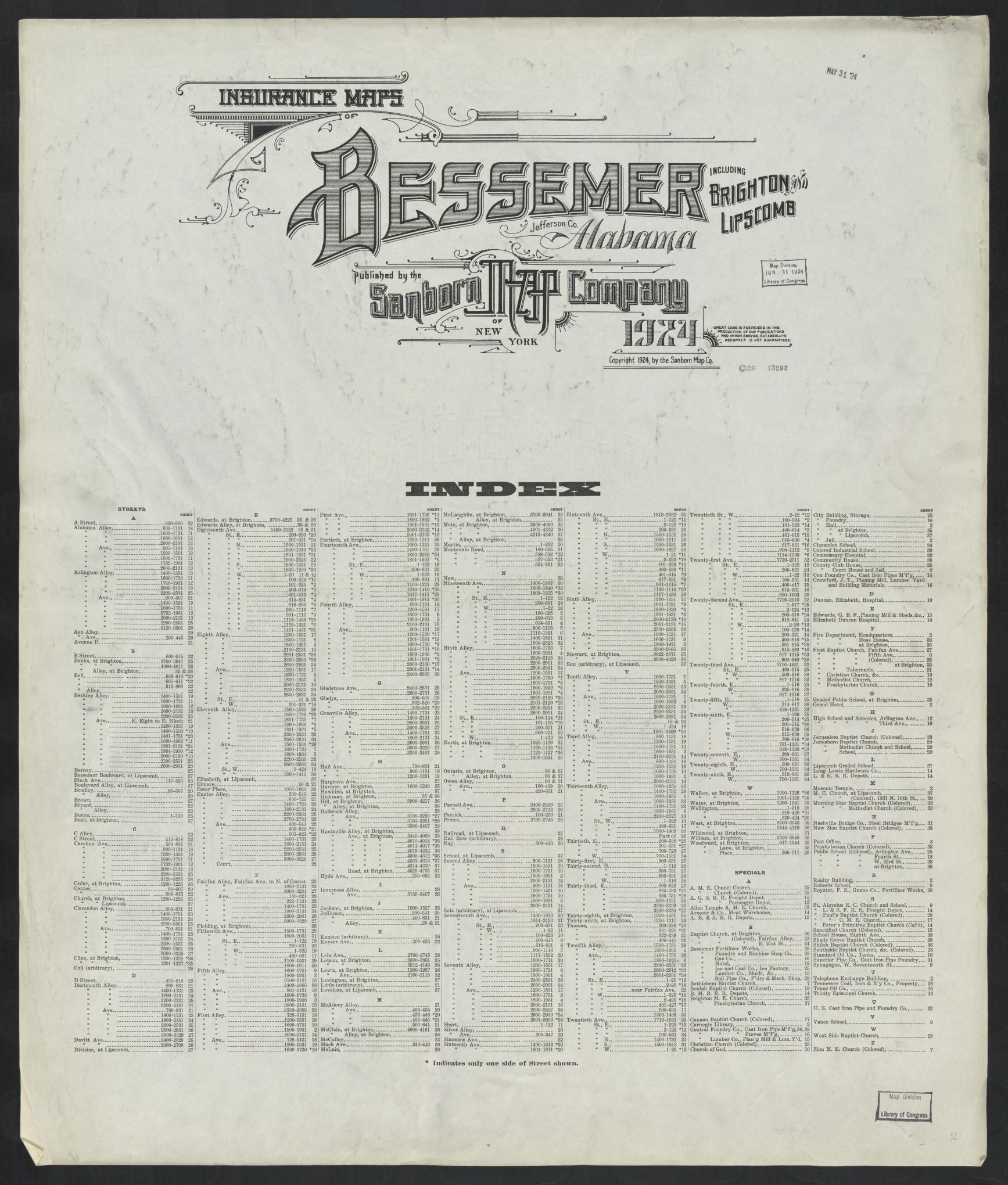 Sanborn Fire Insurance Map from Bessemer, Jefferson County, Alabama (1924), Sheet #0001 - Complete Map Set gallery image, historic Sanborn map, vintage wall art, Alabama Alabama