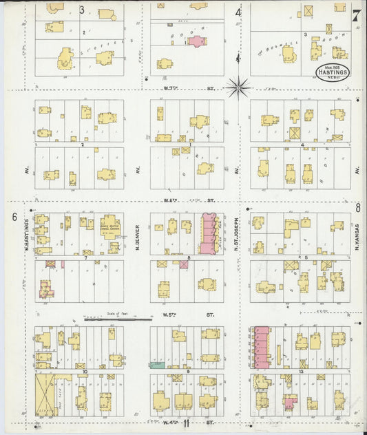 Sanborn Fire Insurance Map from Hastings, Adams County, Nebraska (1905), Sheet #0007 - Historic Sanborn Fire Insurance Map Print, vintage old map wall art, antique decor, genealogy gift, Nebraska Nebraska map