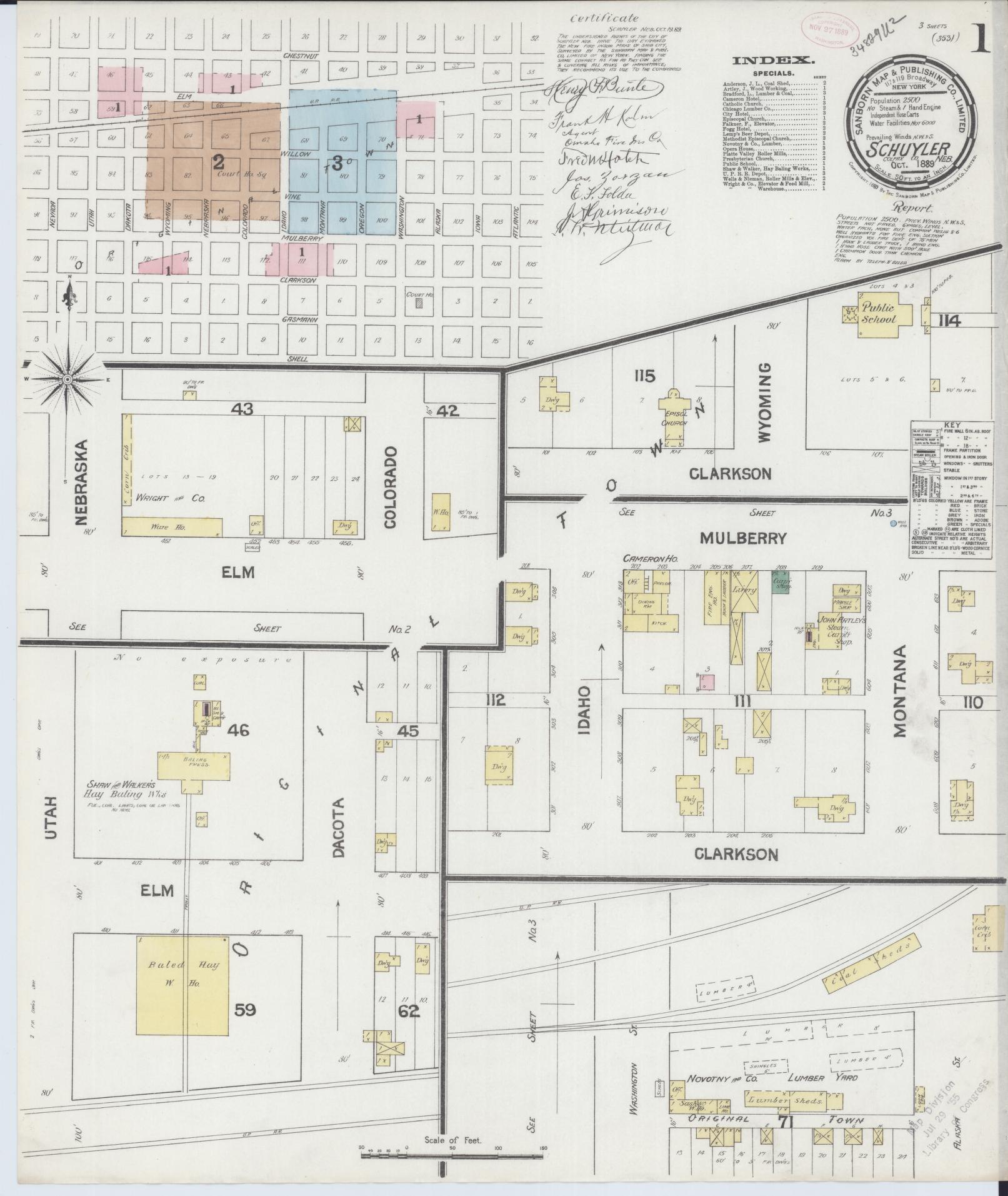 Sanborn Fire Insurance Map from Schuyler, Colfax County, Nebraska (1889), Sheet #0001 - Complete Map Set gallery image, historic Sanborn map, vintage wall art, Nebraska Nebraska