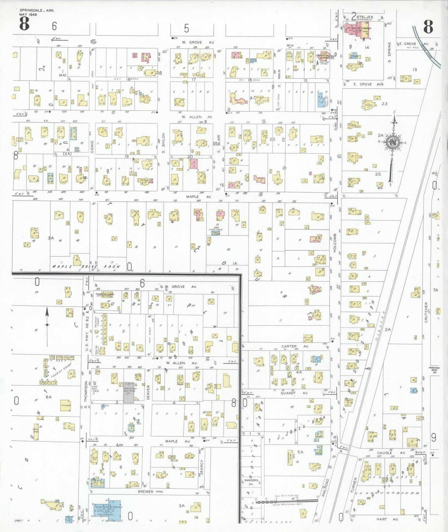 Sanborn Fire Insurance Map from Springdale, Washington County, Arkansas (1948), Sheet #0008 - Historic Sanborn Fire Insurance Map Print, vintage old map wall art, antique decor, genealogy gift, Arkansas Arkansas map