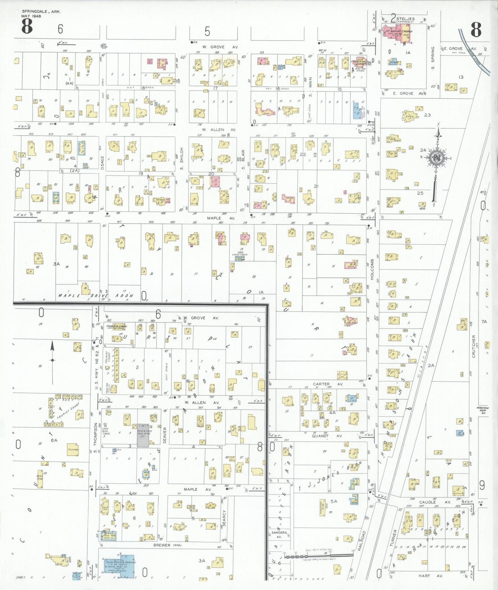 Sanborn Fire Insurance Map from Springdale, Washington County, Arkansas (1948), Sheet #0008 - Historic Sanborn Fire Insurance Map Print, vintage old map wall art, antique decor, genealogy gift, Arkansas Arkansas map