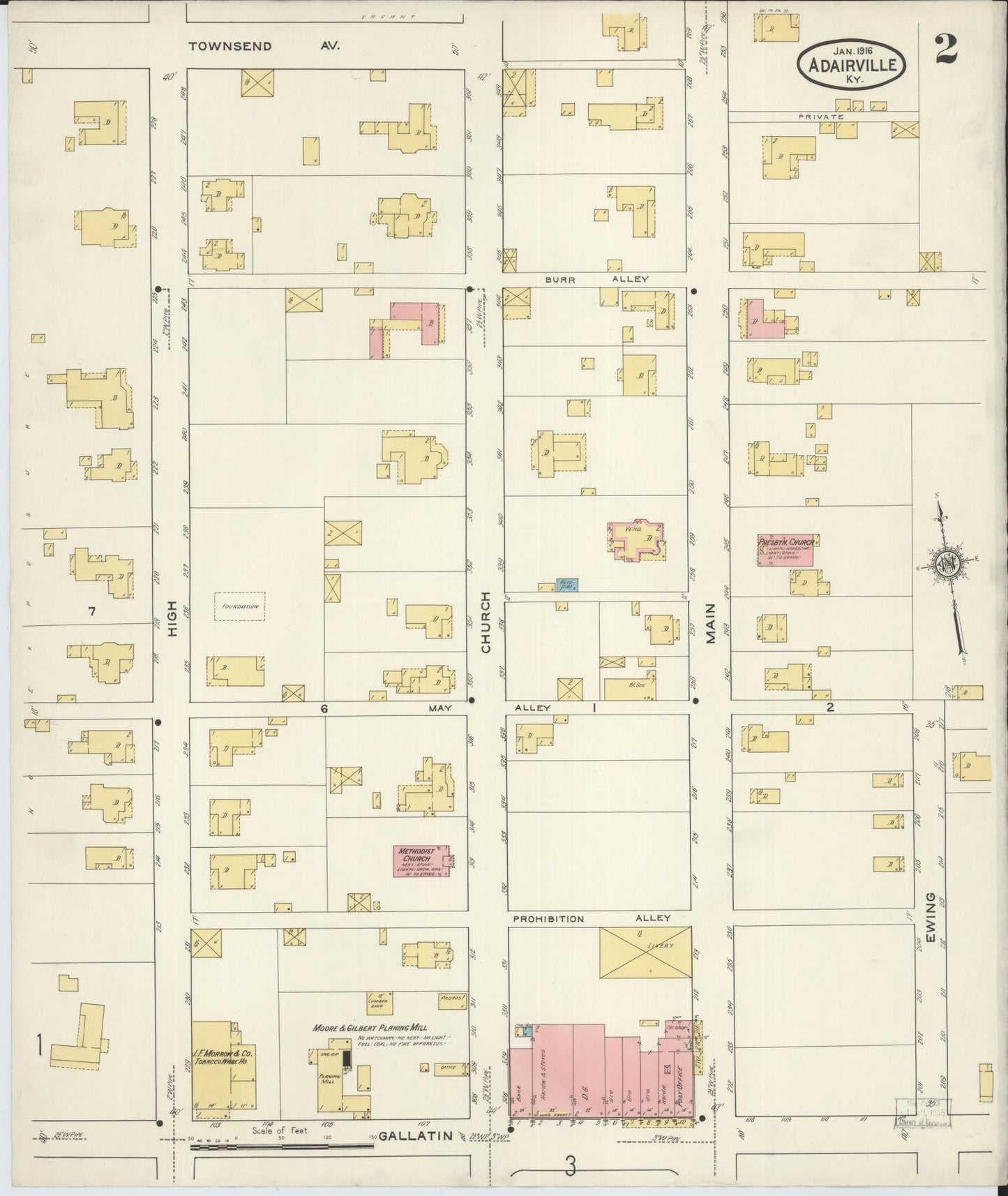 Sanborn Fire Insurance Map from Adairville, Logan County, Kentucky (1916), Sheet #0002 - Complete Map Set gallery image, historic Sanborn map, vintage wall art, Kentucky Kentucky