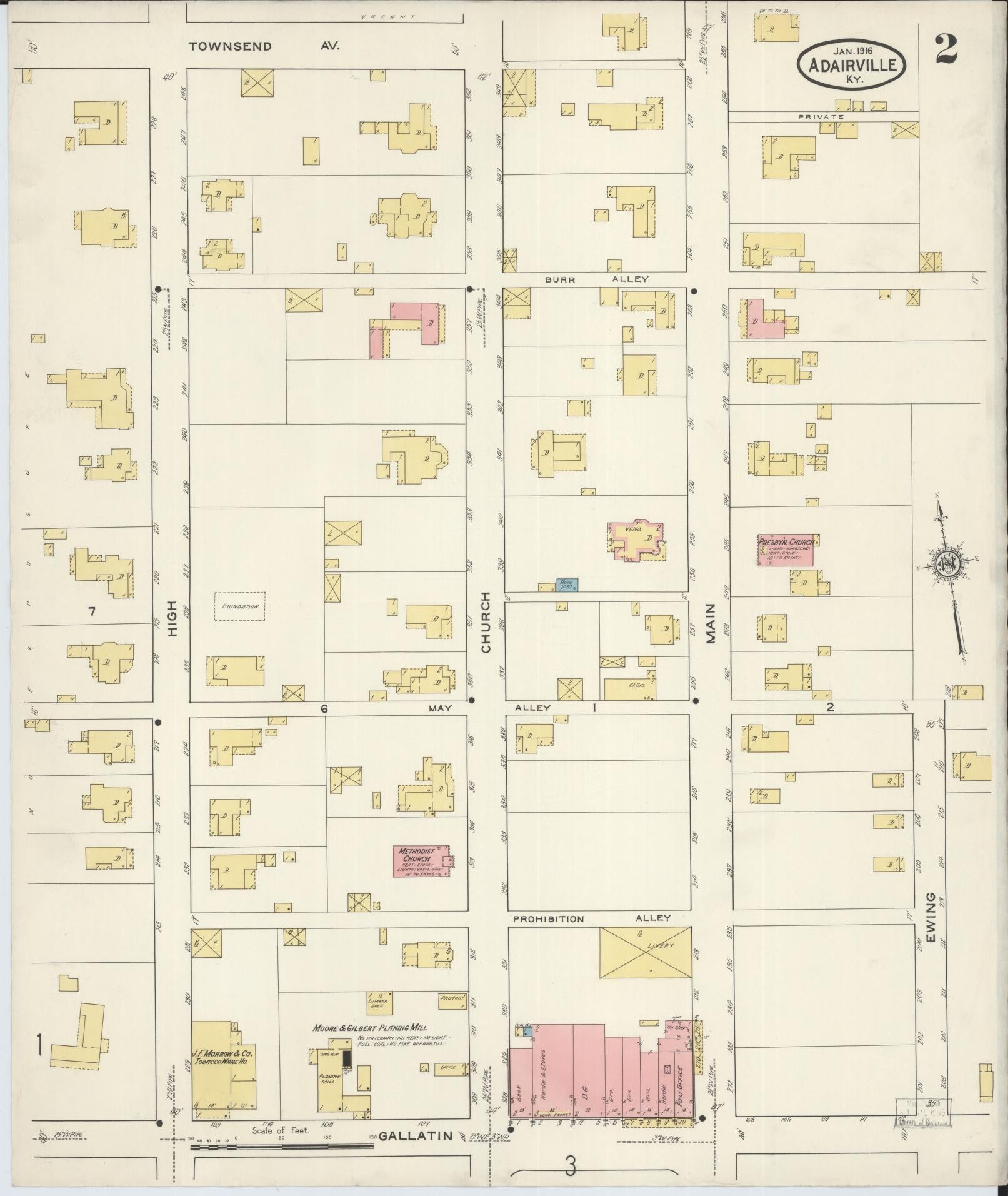 Sanborn Fire Insurance Map from Adairville, Logan County, Kentucky (1916), Sheet #0002 - Complete Map Set gallery image, historic Sanborn map, vintage wall art, Kentucky Kentucky