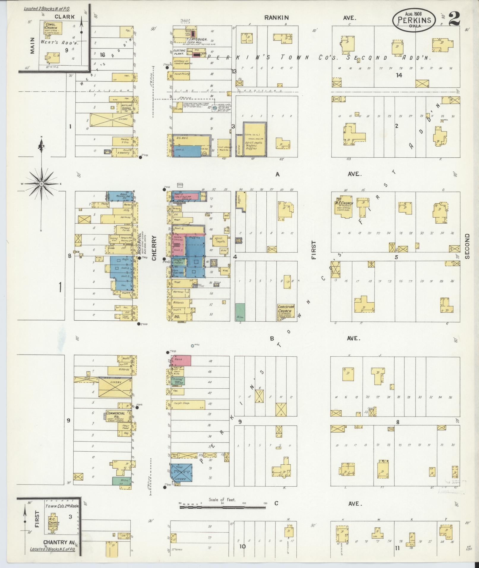 Sanborn Fire Insurance Map from Perkins, Payne County, Oklahoma (1908), Sheet #0002 - Historic Sanborn Fire Insurance Map Print, vintage old map wall art, antique decor, genealogy gift, Oklahoma Oklahoma map