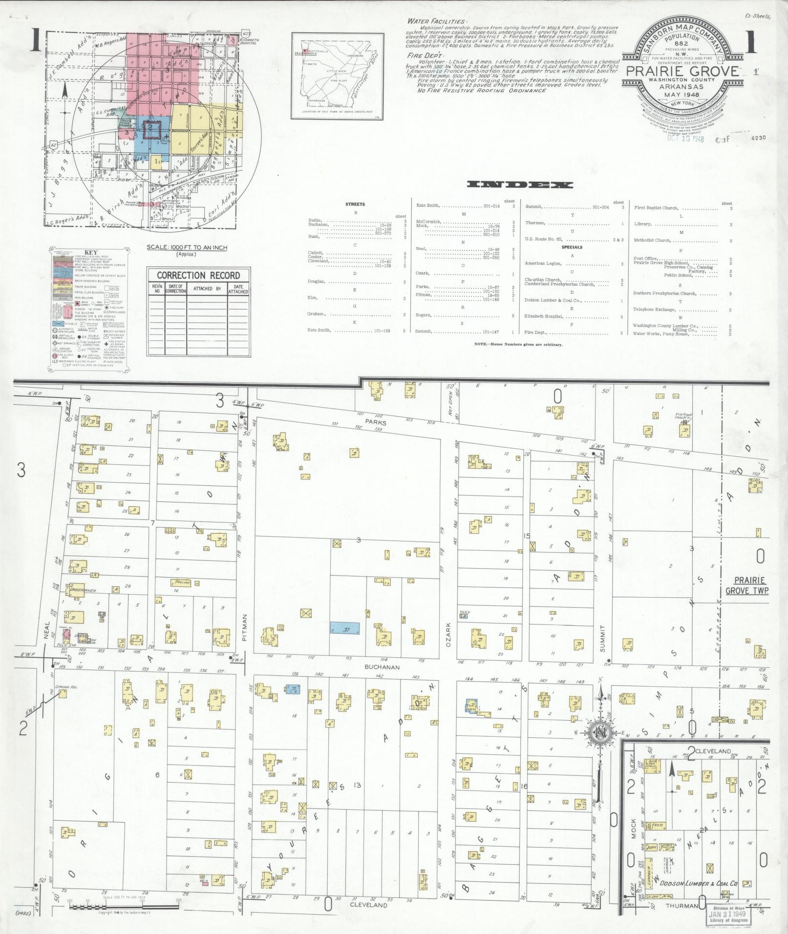 Sanborn Fire Insurance Map from Prairie Grove, Washington County, Arkansas (1948), Sheet #0001 - Complete Map Set gallery image, historic Sanborn map, vintage wall art, Arkansas Arkansas