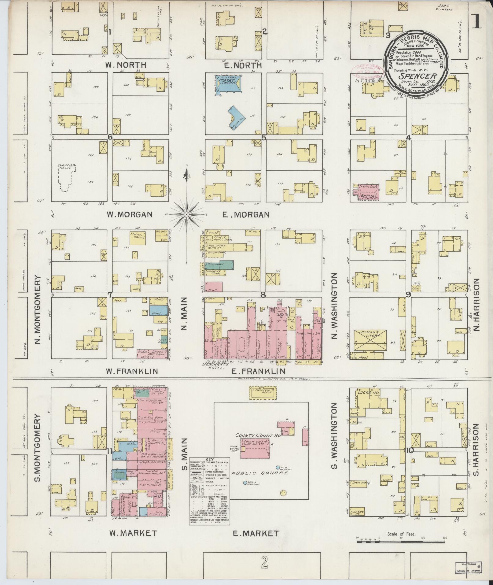 Sanborn Fire Insurance Map from Spencer, Owen County, Indiana (1892), Sheet #0001 - Historic Sanborn Fire Insurance Map Print, vintage old map wall art, antique decor, genealogy gift, Indiana Indiana map