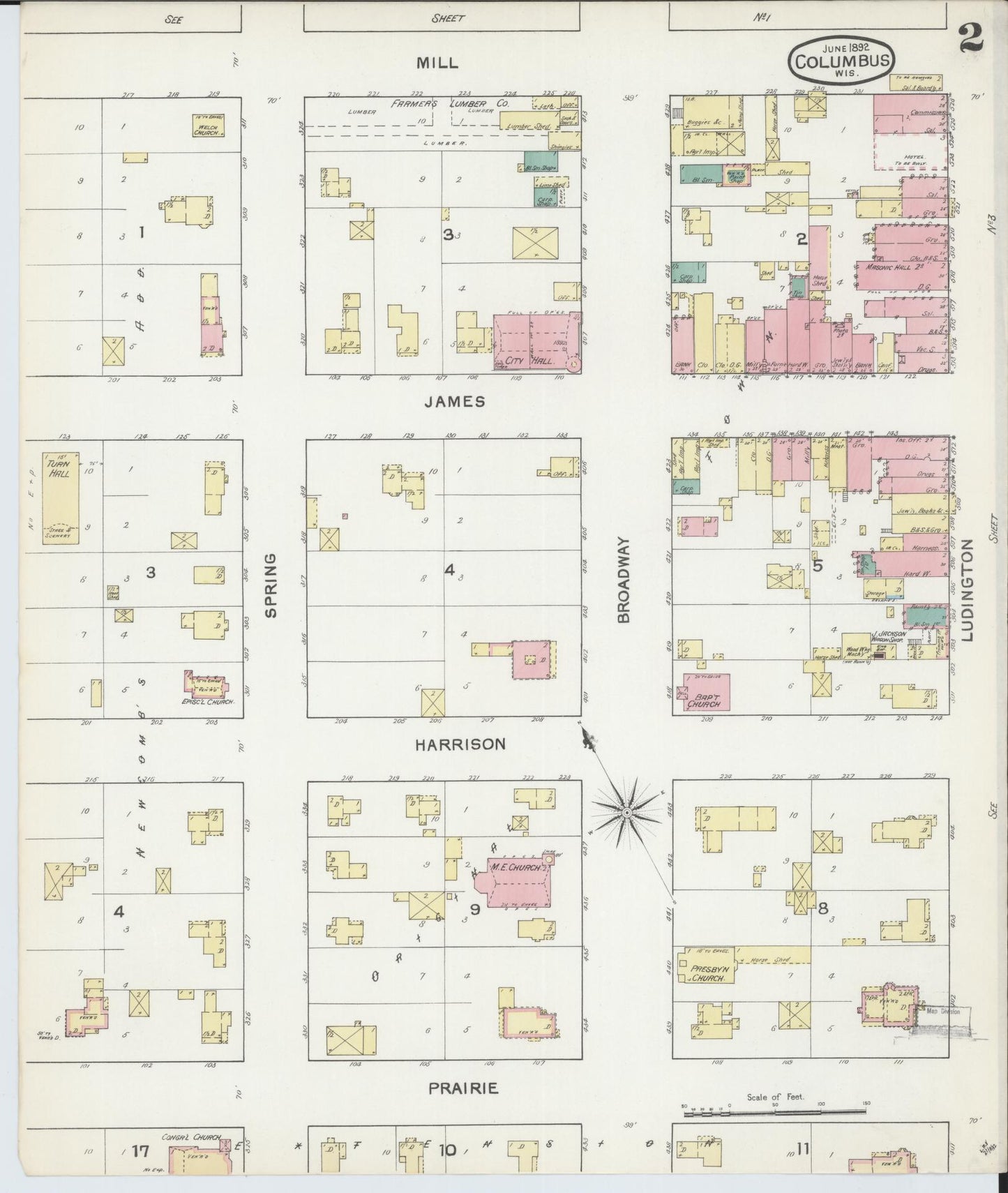 Sanborn Fire Insurance Map from Columbus, Columbia and Dodge County, Wisconsin (1892), Sheet #0002 - Complete Map Set gallery image, historic Sanborn map, vintage wall art, Wisconsin Wisconsin
