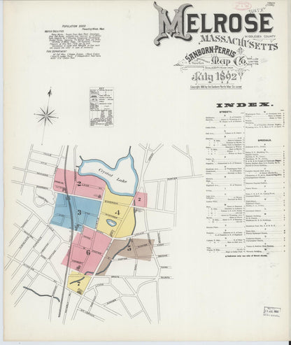 Sanborn Fire Insurance Map from Melrose, Middlesex County, Massachusetts (1892), Sheet #0001 - Historic Sanborn Fire Insurance Map Print, vintage old map wall art, antique decor, genealogy gift, Massachusetts Massachusetts map