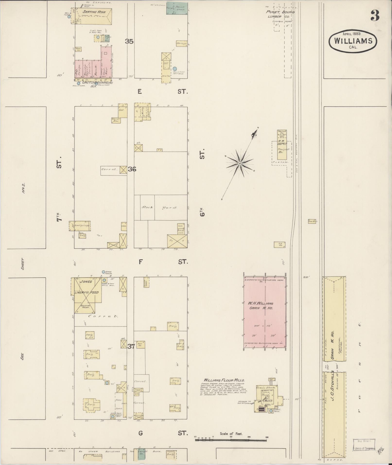 Sanborn Fire Insurance Map from Williams, Colusa County, California (1889), Sheet #0003 - Complete Map Set gallery image, historic Sanborn map, vintage wall art, California California