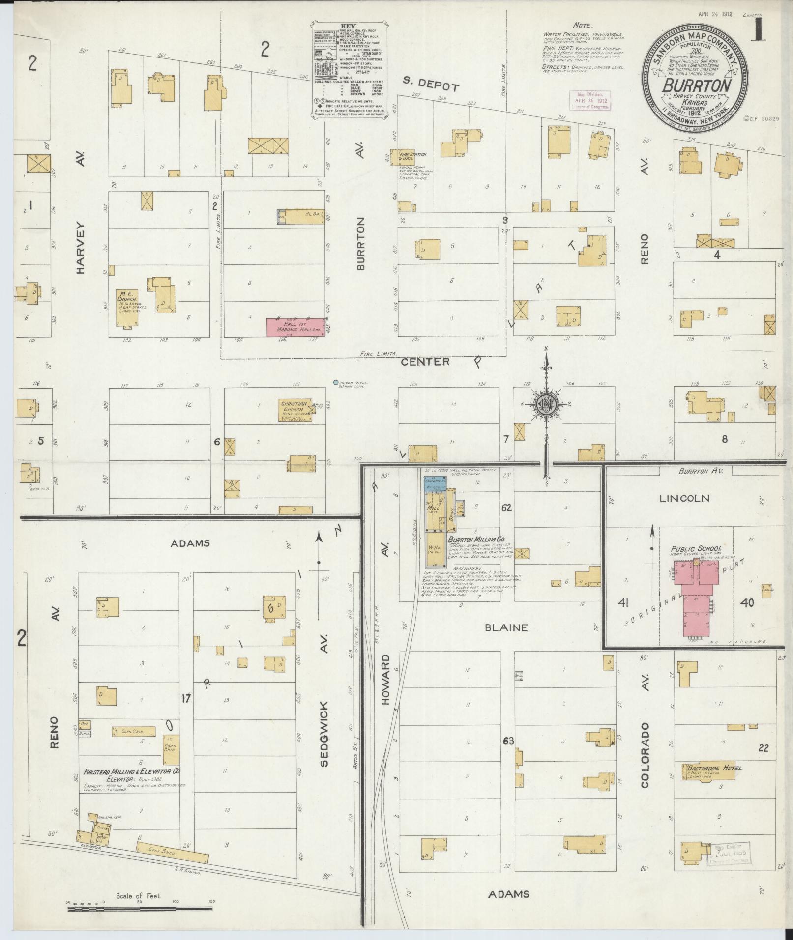 Sanborn Fire Insurance Map from Burrton, Harvey County, Kansas (1912), Sheet #0001 - Historic Sanborn Fire Insurance Map Print, vintage old map wall art, antique decor, genealogy gift, Kansas Kansas map