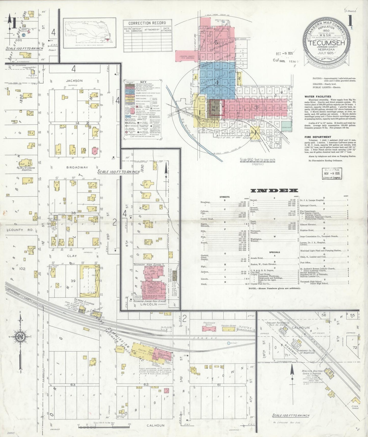 Sanborn Fire Insurance Map from Tecumseh, Johnson County, Nebraska (1935), Sheet #0001 - Historic Sanborn Fire Insurance Map Print, vintage old map wall art, antique decor, genealogy gift, Nebraska Nebraska map