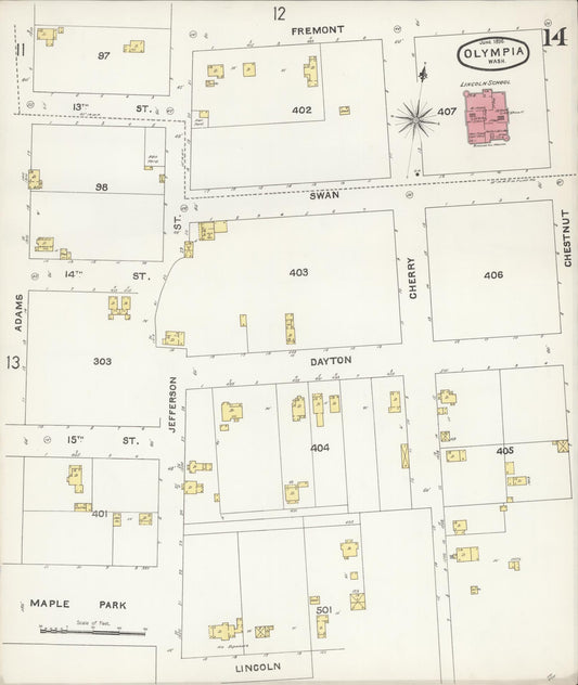 Sanborn Fire Insurance Map from Olympia, Thurston County, Washington (1896), Sheet #0014 - Historic Sanborn Fire Insurance Map Print, vintage old map wall art, antique decor, genealogy gift, Washington Washington map