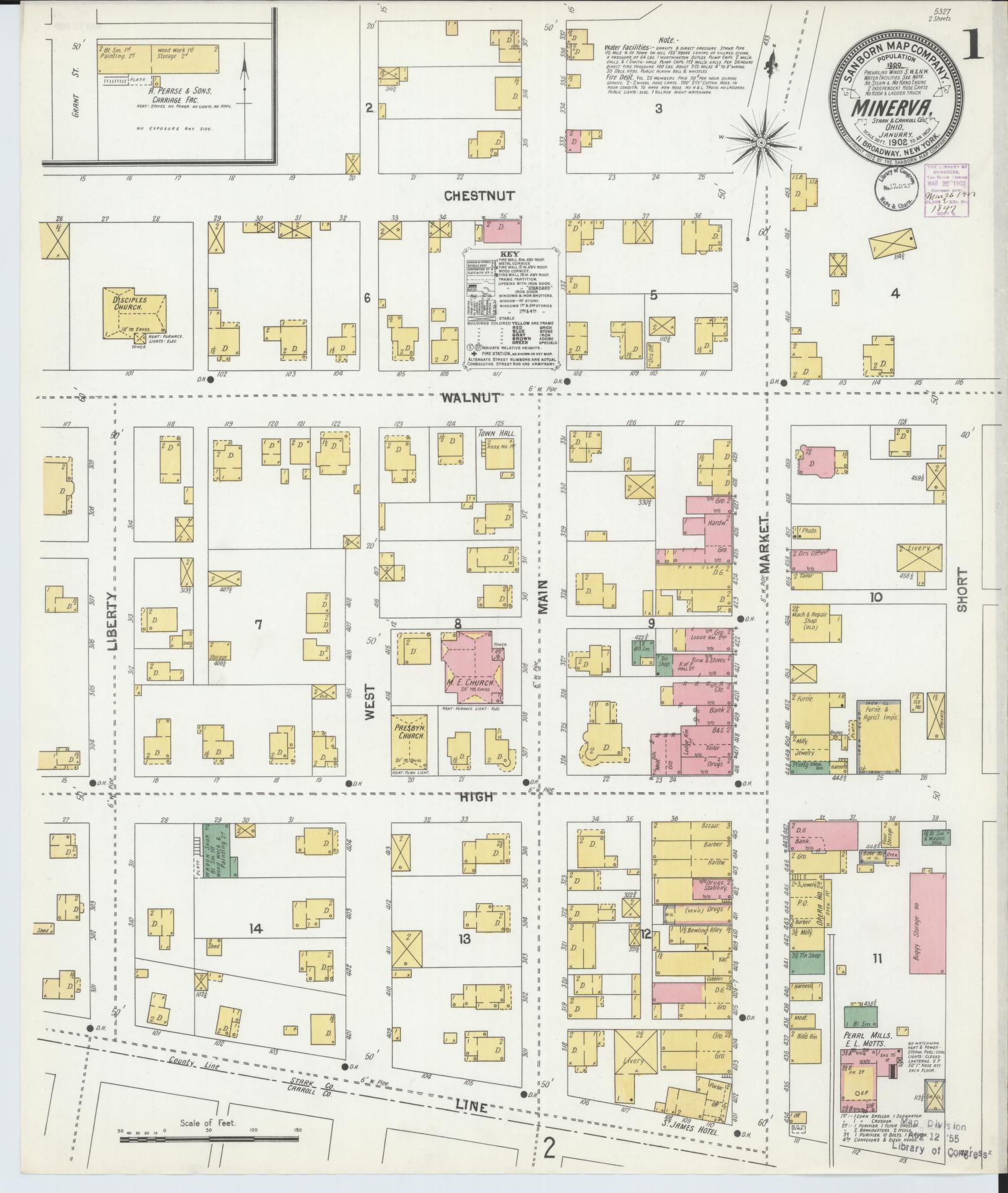 Sanborn Fire Insurance Map from Minerva, Stark And Carroll Counties, Ohio (1902), Sheet #0001 - Historic Sanborn Fire Insurance Map Print, vintage old map wall art, antique decor, genealogy gift, Ohio Ohio map