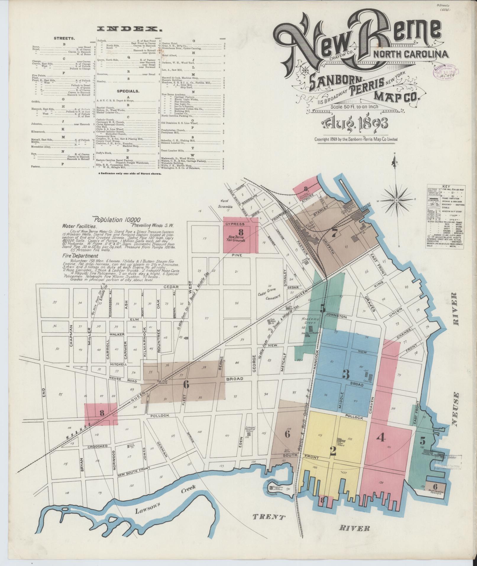 Sanborn Fire Insurance Map from New Bern, Craven County, North Carolina (1893), Sheet #0001 - Historic Sanborn Fire Insurance Map Print, vintage old map wall art, antique decor, genealogy gift, North Carolina North Carolina map