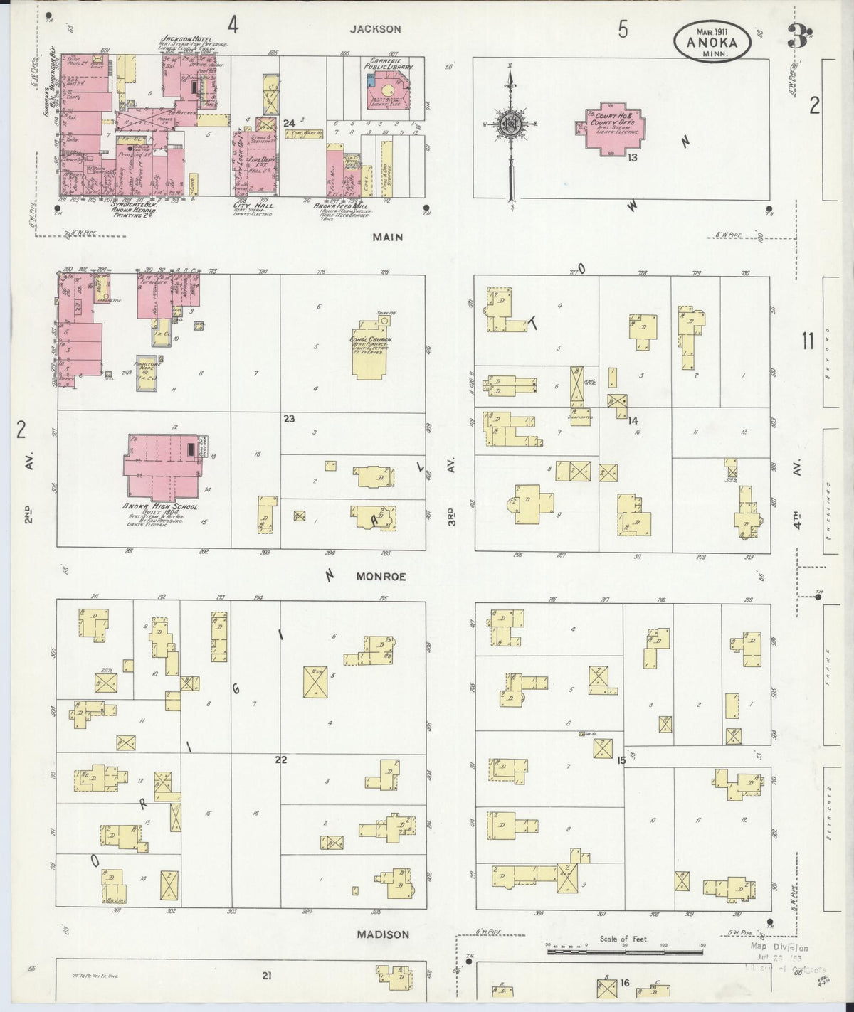 Sanborn Fire Insurance Map from Anoka, Anoka County, Minnesota (1911), Sheet #0003 - Historic Sanborn Fire Insurance Map Print, vintage old map wall art, antique decor, genealogy gift, Minnesota Minnesota map