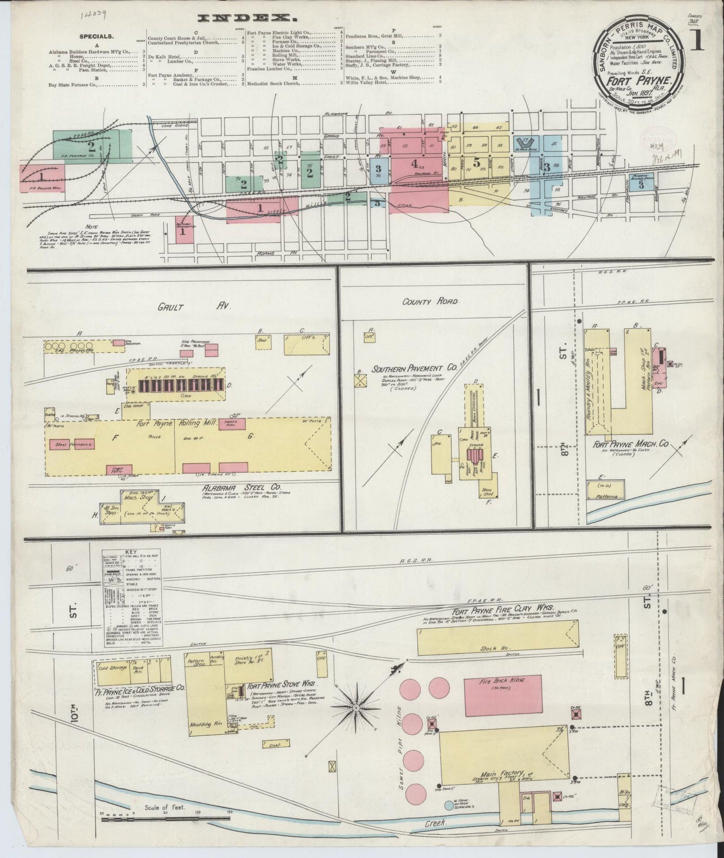 Sanborn Fire Insurance Map from Fort Payne, Dekalb County, Alabama (1897), Sheet #0001 - Complete Map Set gallery image, historic Sanborn map, vintage wall art, Alabama Alabama