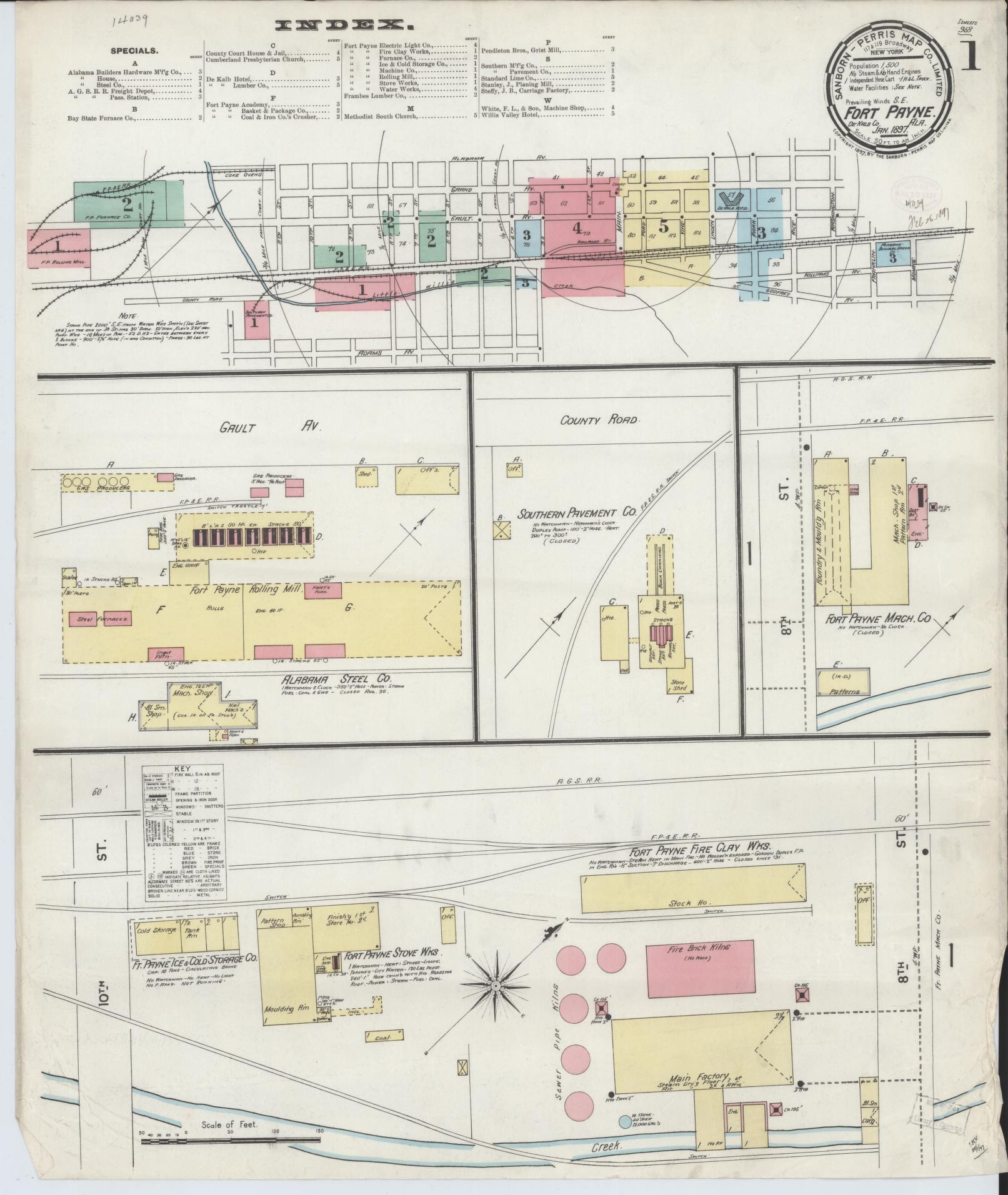 Sanborn Fire Insurance Map from Fort Payne, Dekalb County, Alabama (1897), Sheet #0001 - Complete Map Set gallery image, historic Sanborn map, vintage wall art, Alabama Alabama