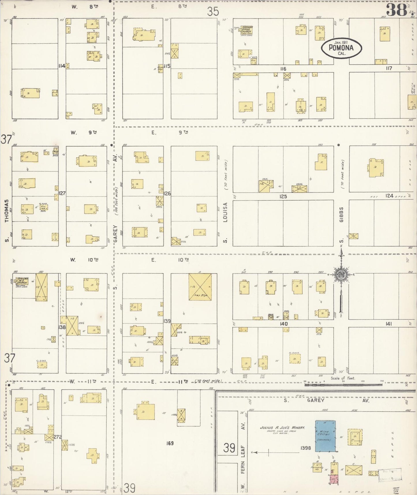Sanborn Fire Insurance Map from Pomona, Los Angeles County, California (1911), Sheet #0038 - Complete Map Set gallery image, historic Sanborn map, vintage wall art, California California