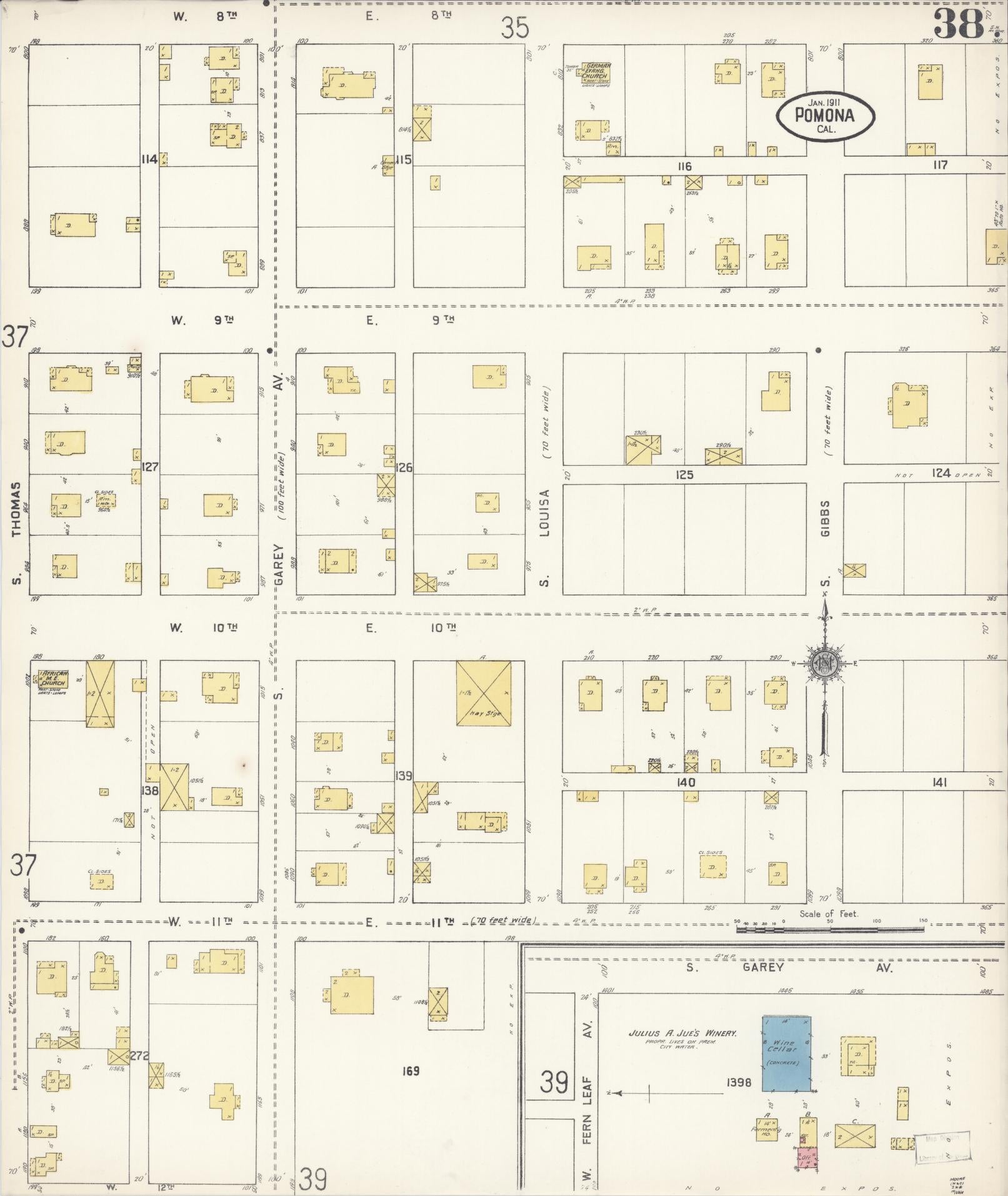 Sanborn Fire Insurance Map from Pomona, Los Angeles County, California (1911), Sheet #0038 - Complete Map Set gallery image, historic Sanborn map, vintage wall art, California California