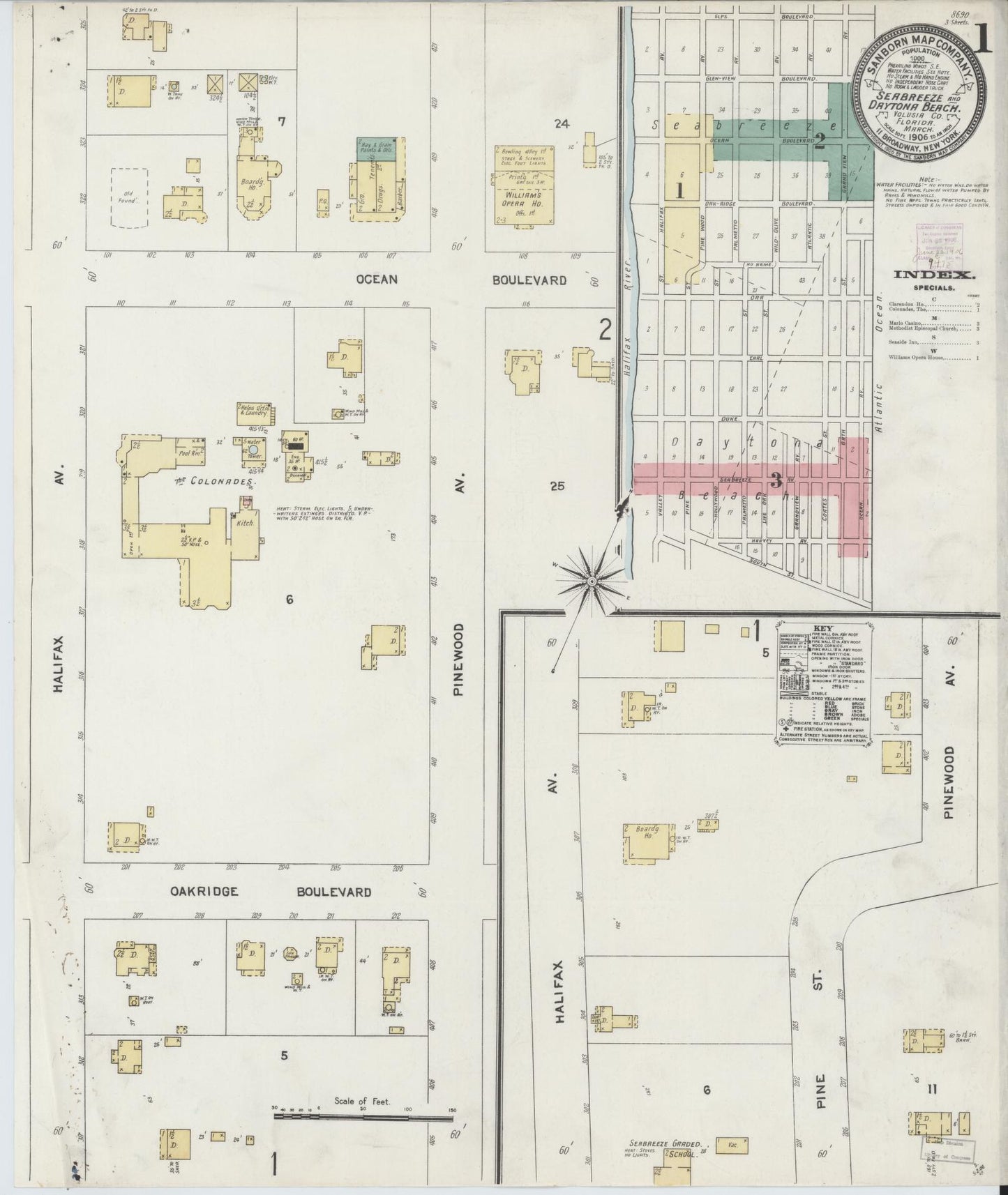 Sanborn Fire Insurance Map from Seabreeze, Volusia County, Florida (1906), Sheet #0001 - Complete Map Set gallery image, historic Sanborn map, vintage wall art, Florida Florida