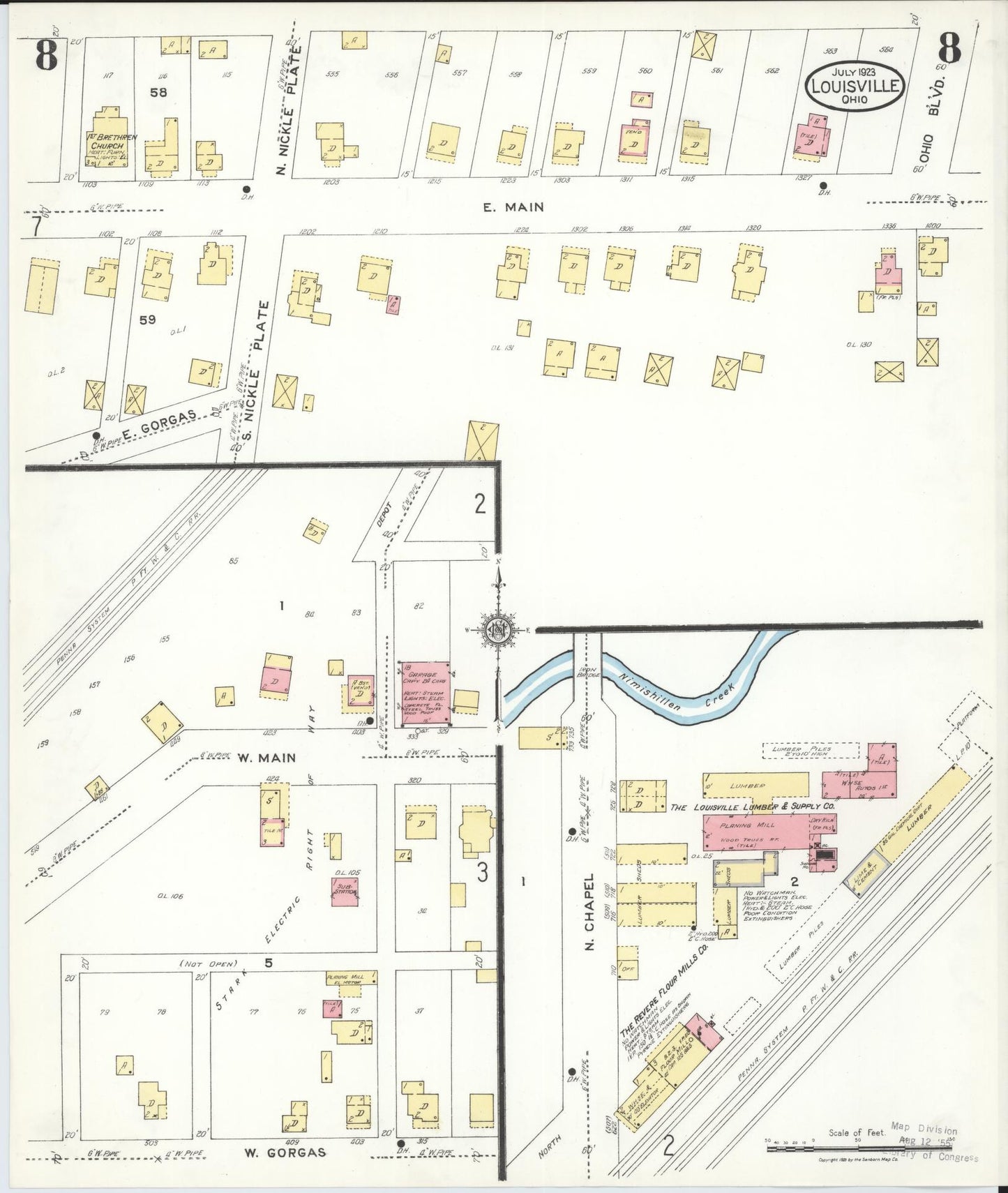 Sanborn Fire Insurance Map from Louisville, Stark County, Ohio (1923), Sheet #0008 - Historic Sanborn Fire Insurance Map Print, vintage old map wall art, antique decor, genealogy gift, Ohio Ohio map
