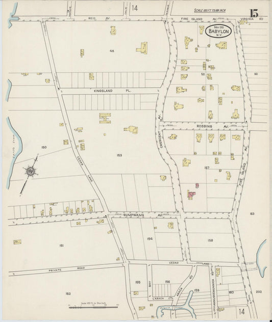 Sanborn Fire Insurance Map from Babylon, Suffolk County, New York (1915), Sheet #0015 - Historic Sanborn Fire Insurance Map Print, vintage old map wall art, antique decor, genealogy gift, New York New York map