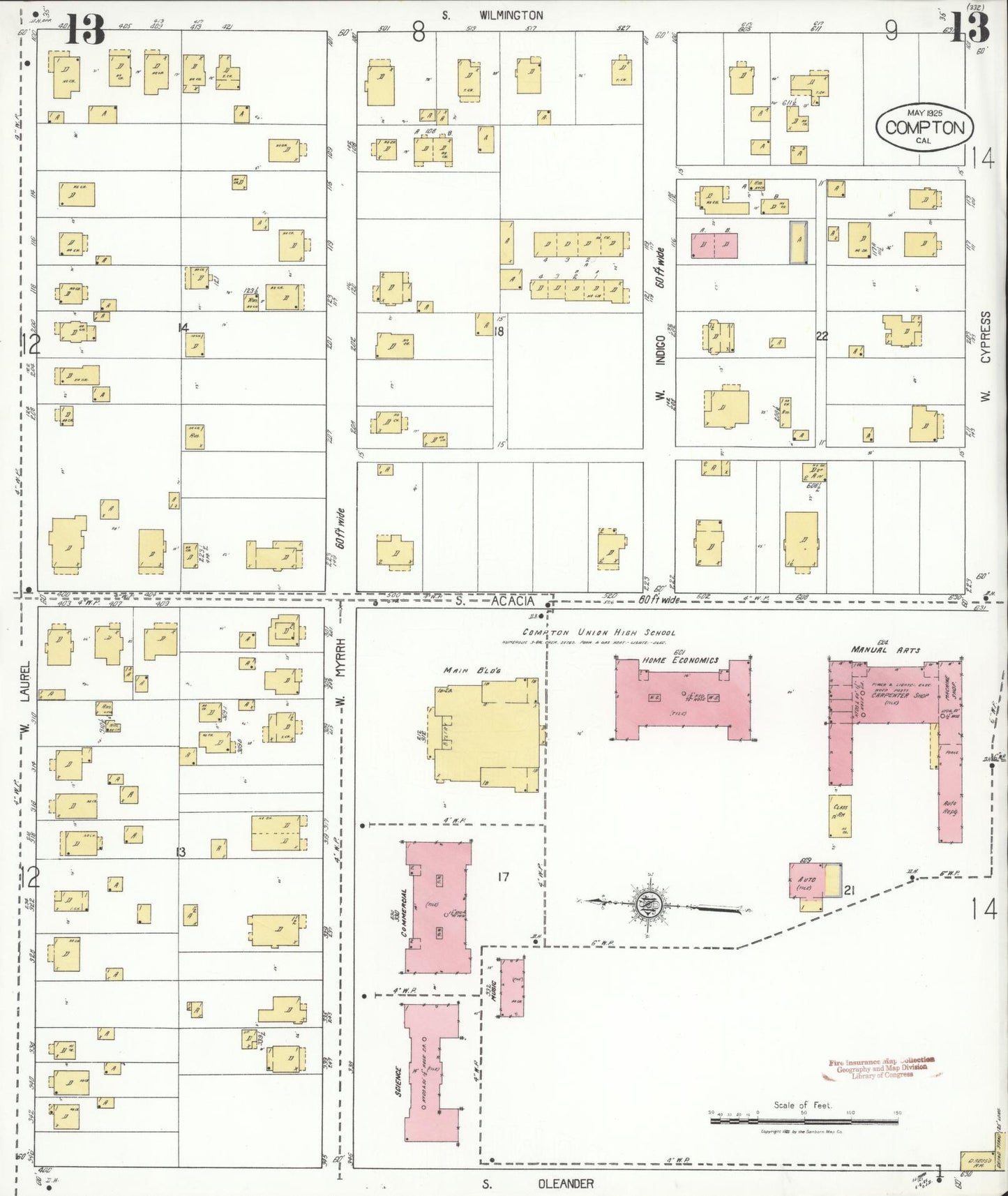 Sanborn Fire Insurance Map from Compton, Los Angeles County, California (1925), Sheet #0013 - Complete Map Set gallery image, historic Sanborn map, vintage wall art, California California